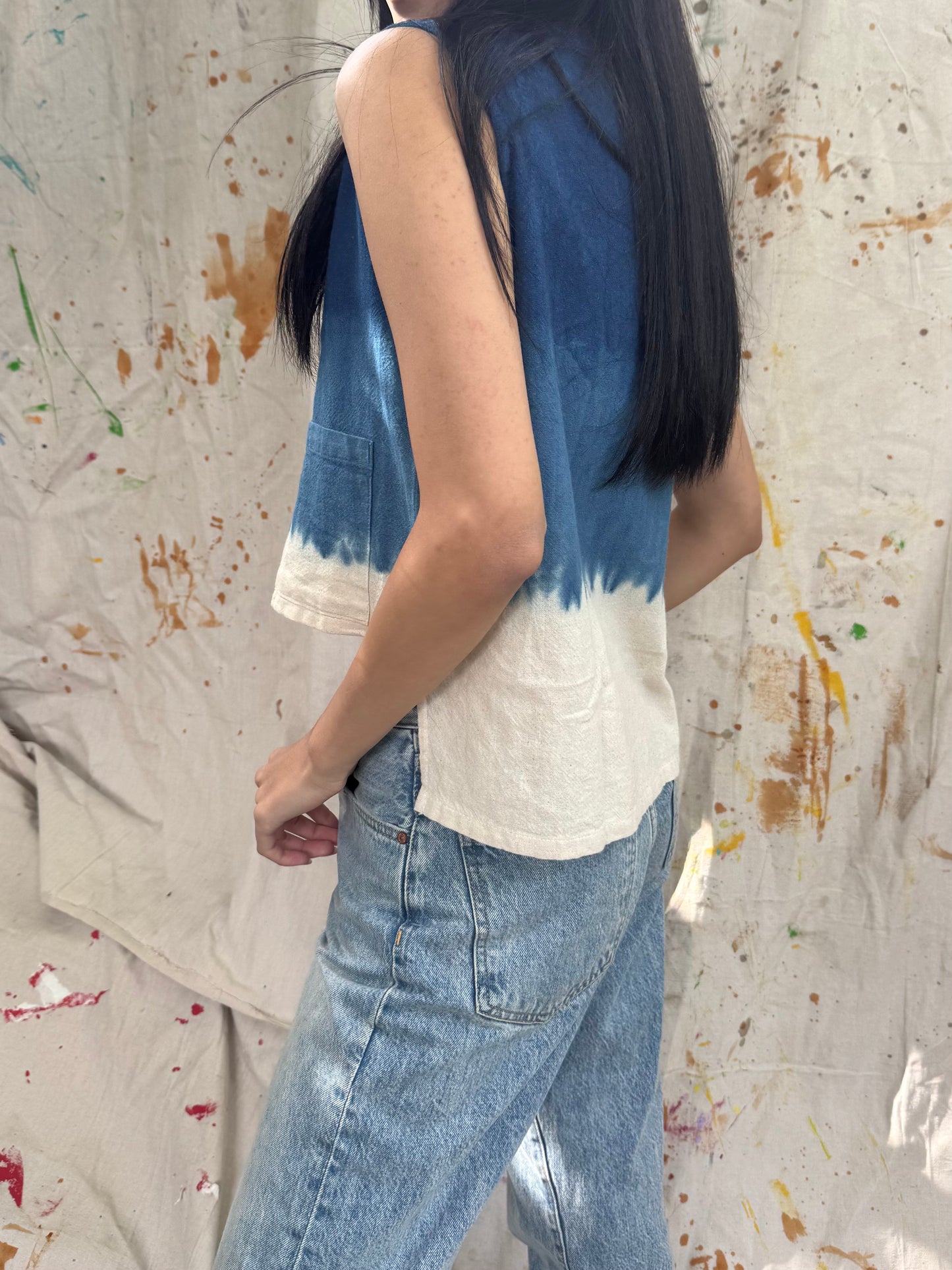 Hand-Dyed Indigo Cotton Sleeveless Top with Pocket | Natural Plant Dye | One of a Kind