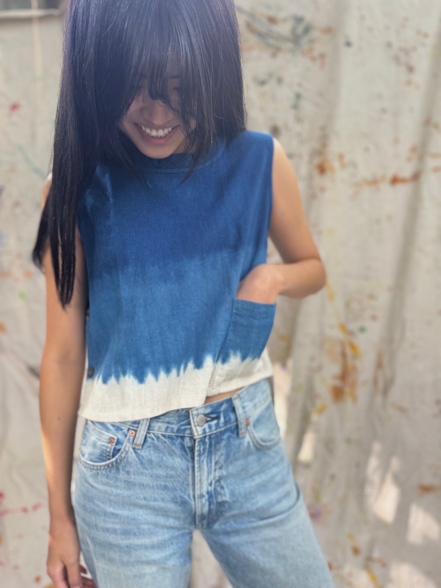 Hand-Dyed Indigo Cotton Sleeveless Top with Pocket | Natural Plant Dye | One of a Kind