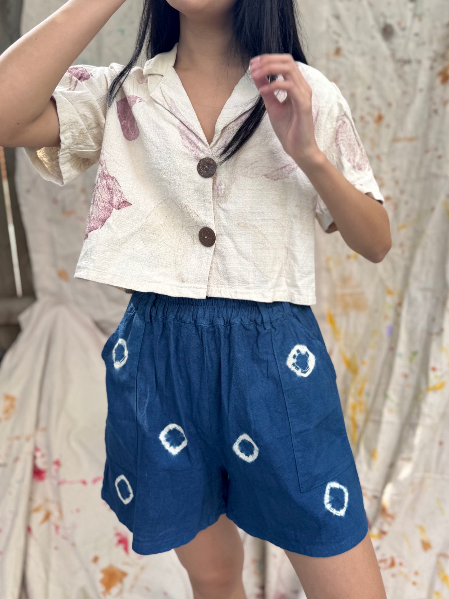 Handmade Indigo Dyed Cotton Shorts | Natural Plant Dye | Elastic Waist | One of a Kind Summer Shorts