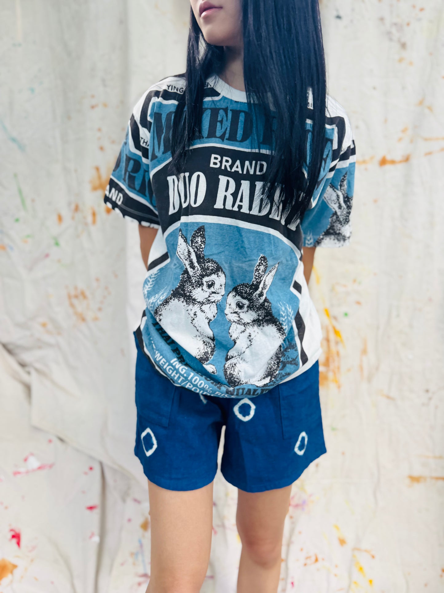 Duo Rabbit Vintage Graphic Tee – Blue Rice Sack Print