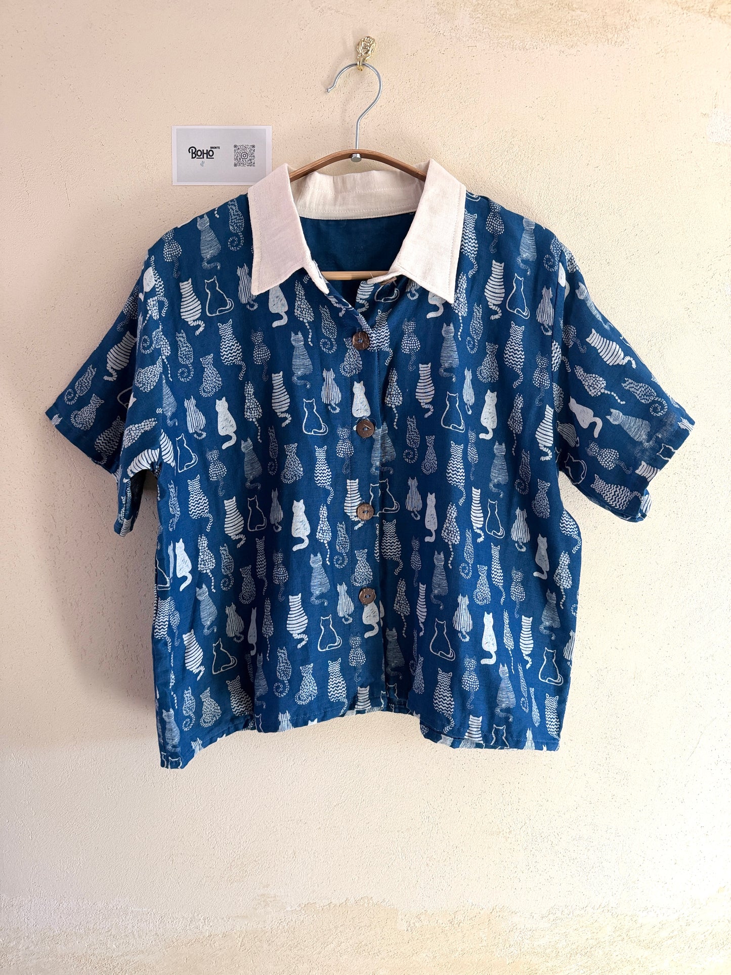 Indigo Cotton Stripe/cats Blouse – Lightweight Summer Shirt
