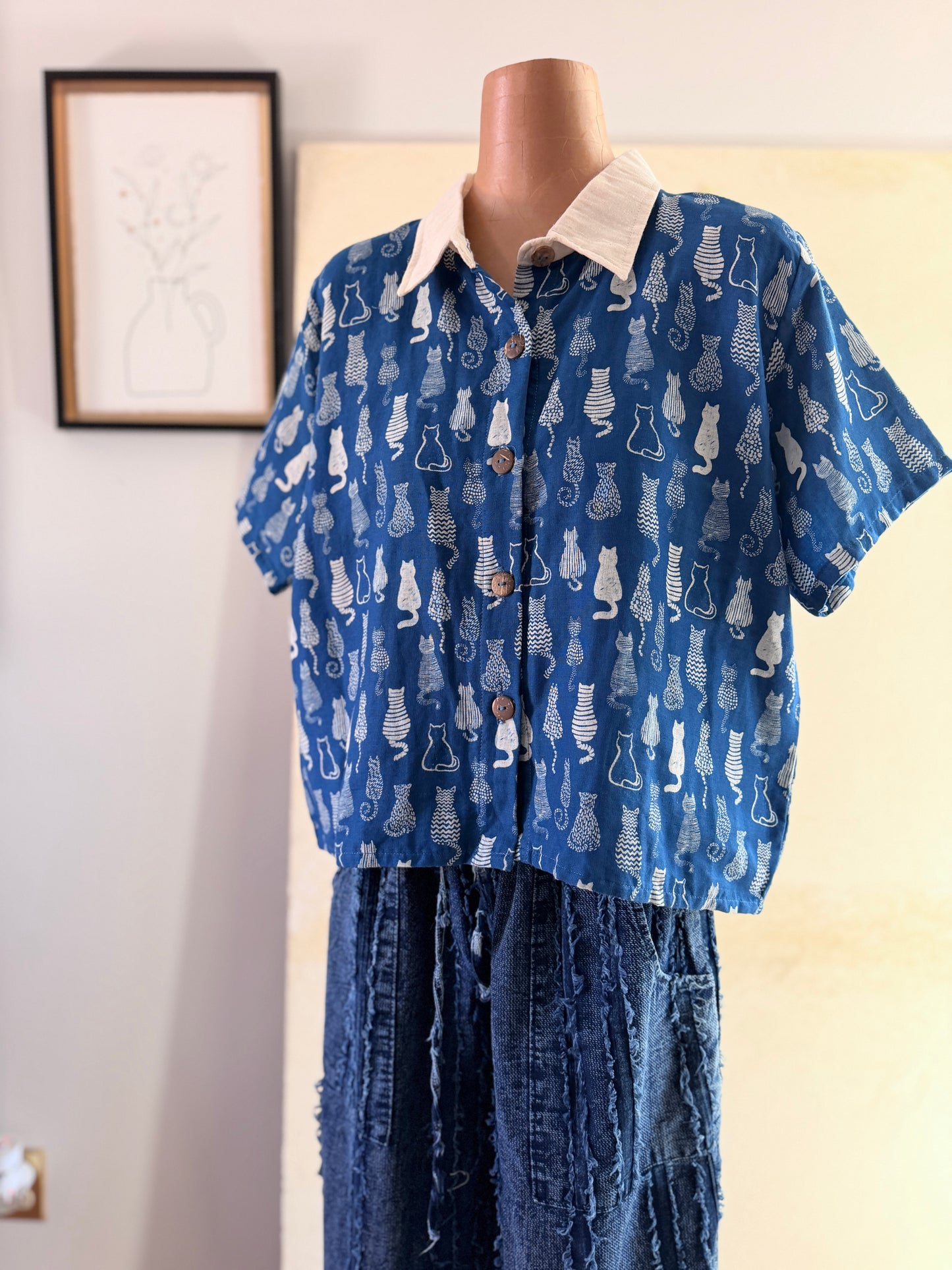 Indigo Cotton Stripe/cats Blouse – Lightweight Summer Shirt