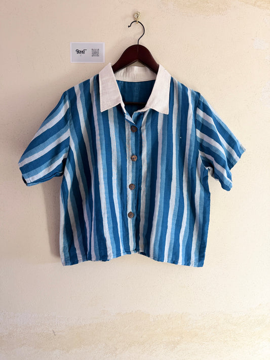 Indigo Cotton Stripe/cats Blouse – Lightweight Summer Shirt