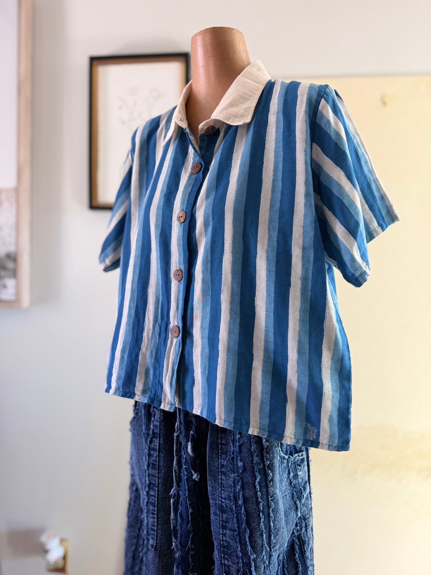 Indigo Cotton Stripe/cats Blouse – Lightweight Summer Shirt
