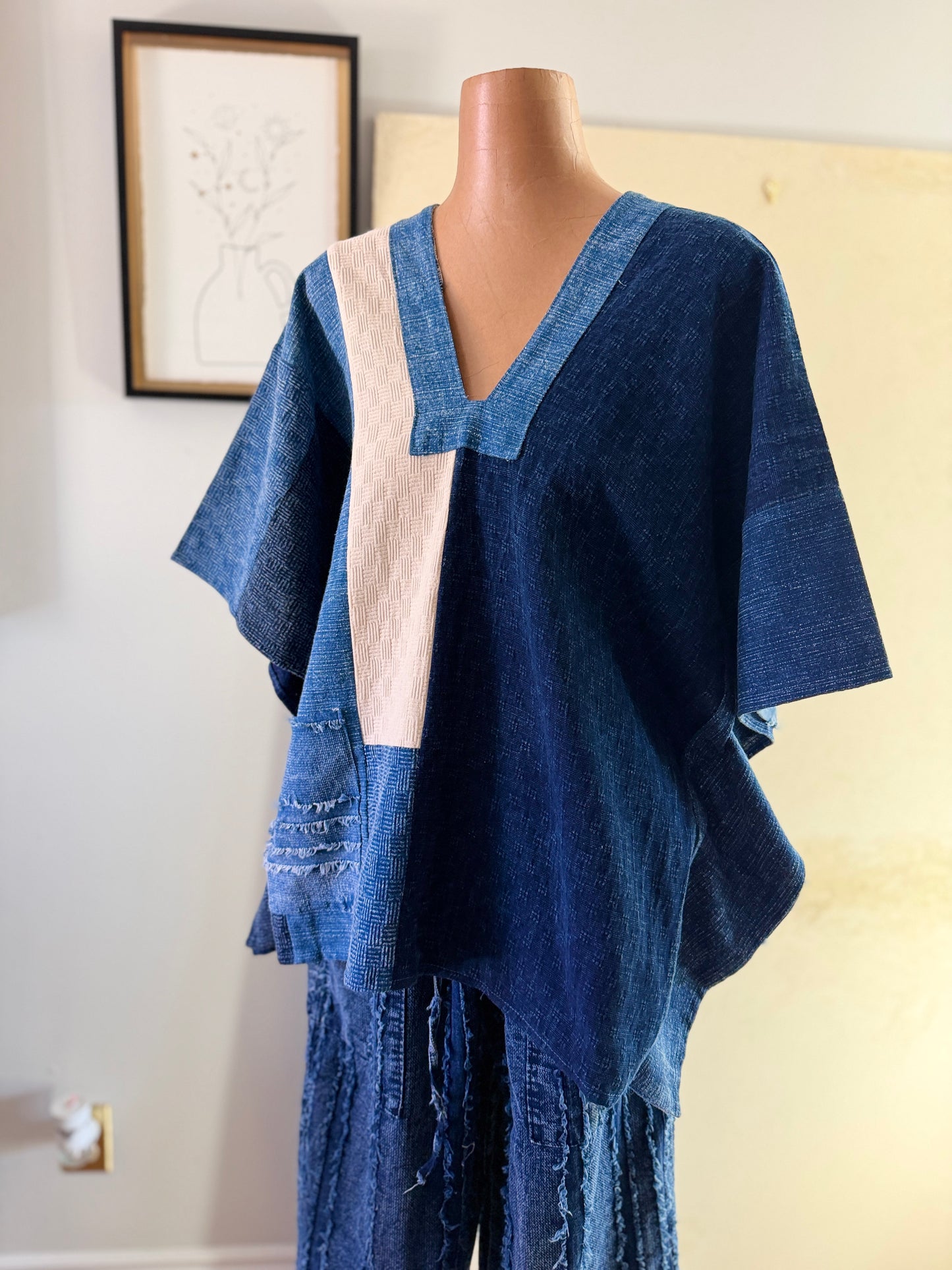 Indigo Patchwork Kimono Top – Handmade Textured Cotton Blouse | BoHo Bronte (Made in Thailand)