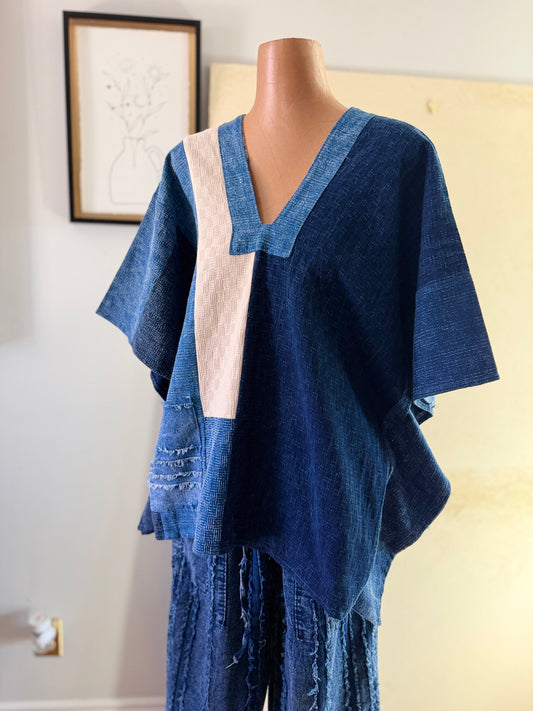 Indigo Patchwork Kimono Top – Handmade Textured Cotton Blouse | BoHo Bronte (Made in Thailand)