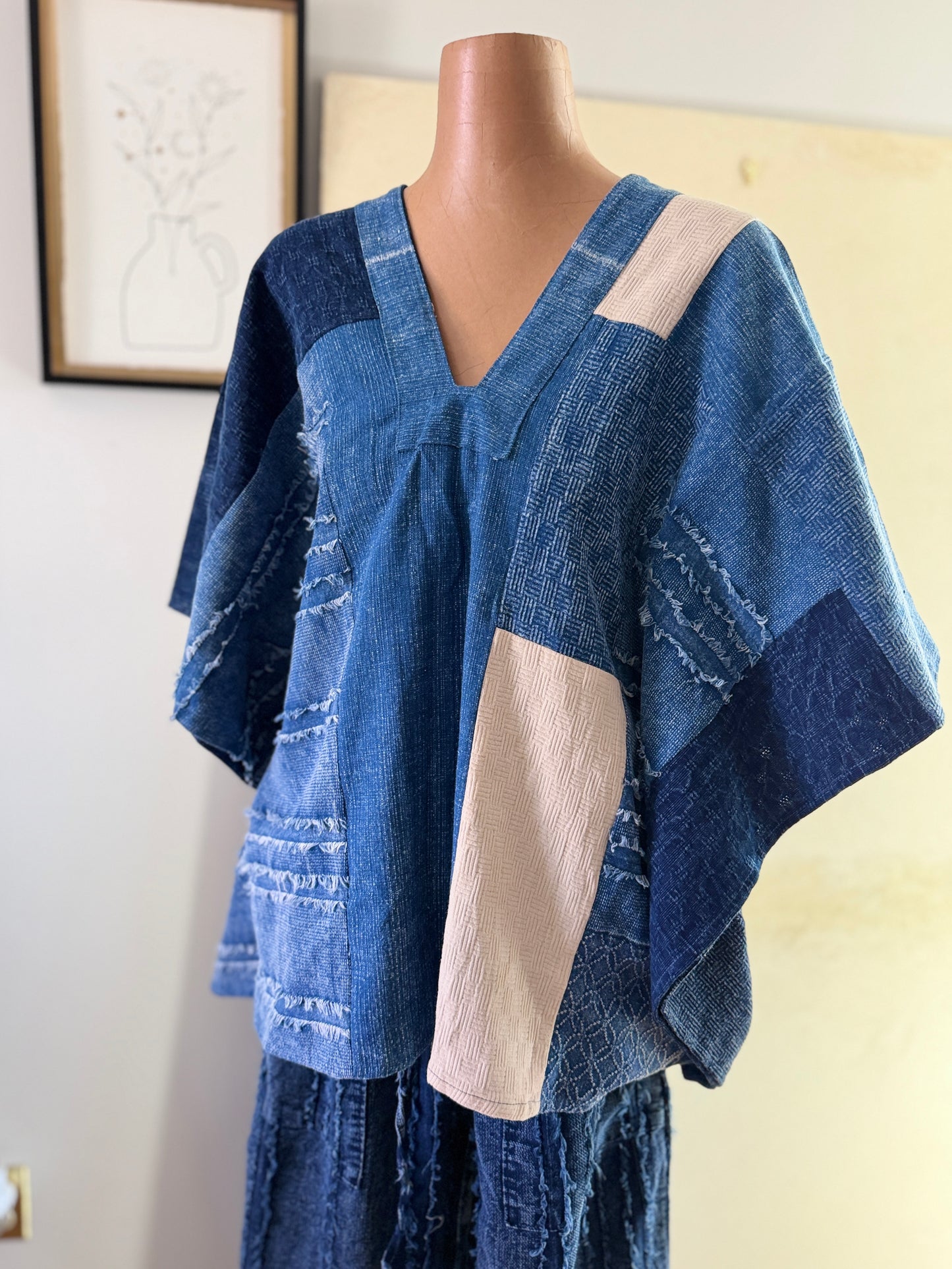 Indigo Patchwork Kimono Top – Handmade Textured Cotton Blouse | BoHo Bronte (Made in Thailand)