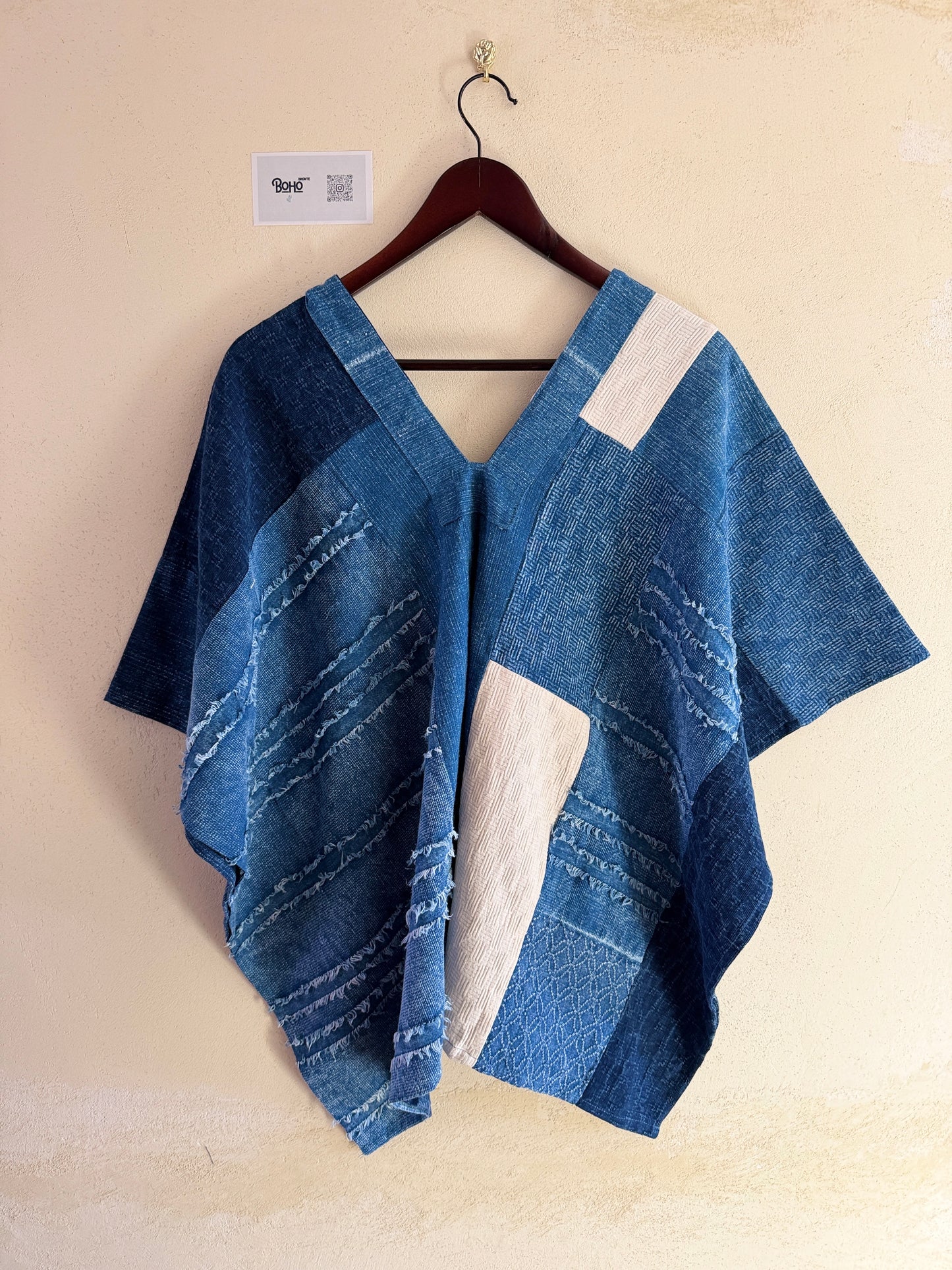 Indigo Patchwork Kimono Top – Handmade Textured Cotton Blouse | BoHo Bronte (Made in Thailand)