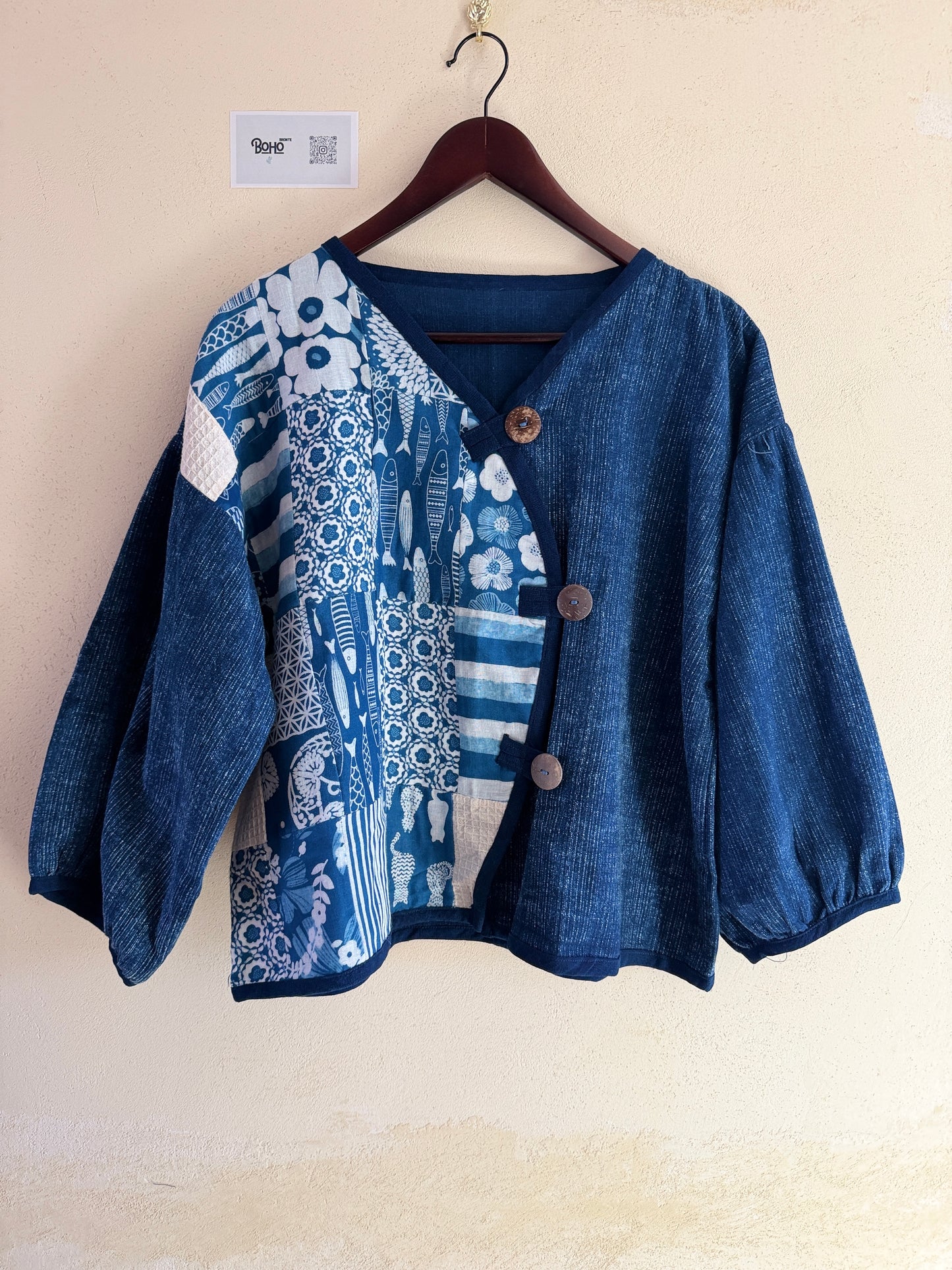 Indigo Patchwork Wrap Jacket – Handmade Cotton Kimono Top | BoHo Bronte (Made in Thailand)