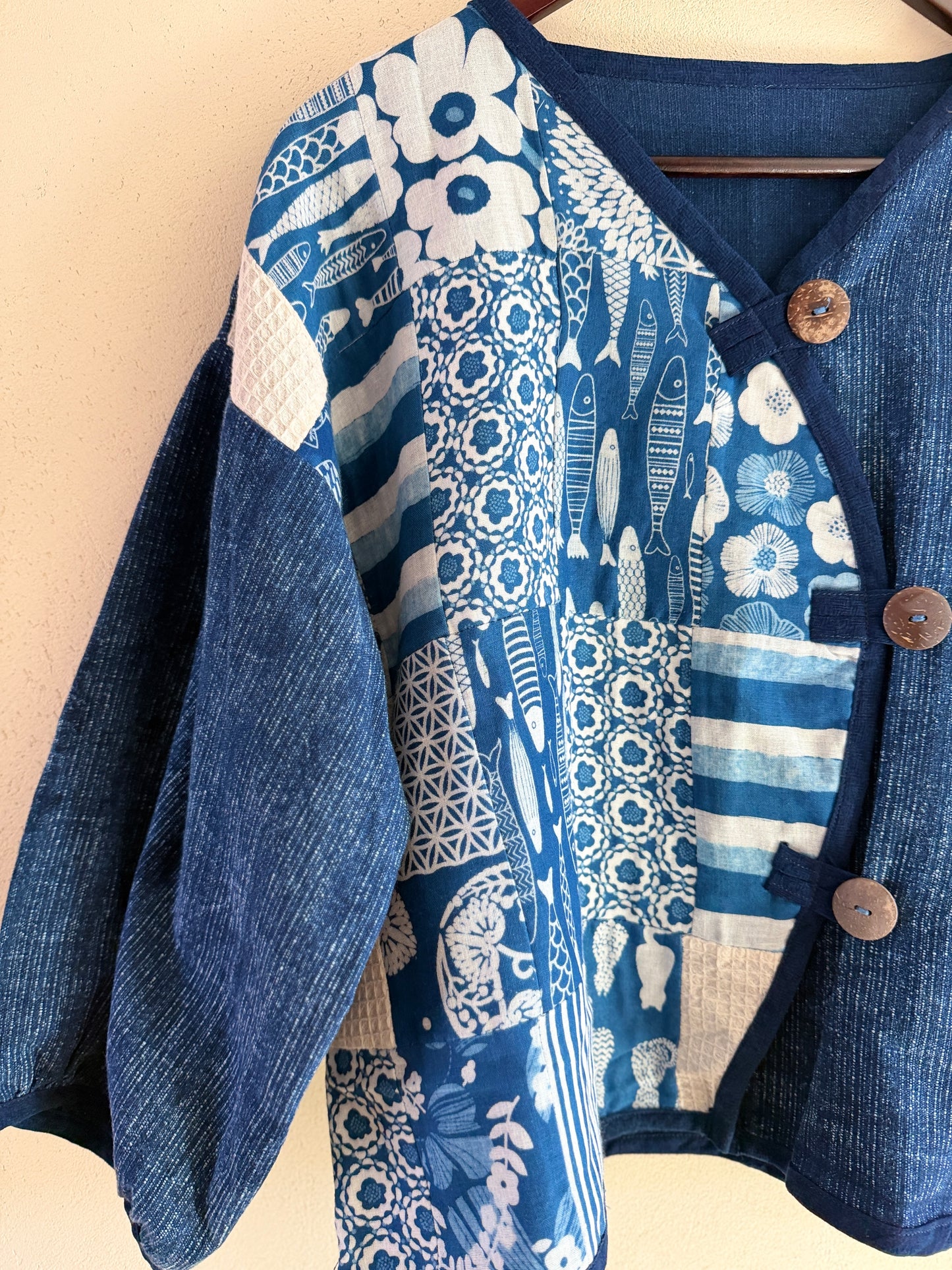 Indigo Patchwork Wrap Jacket – Handmade Cotton Kimono Top | BoHo Bronte (Made in Thailand)