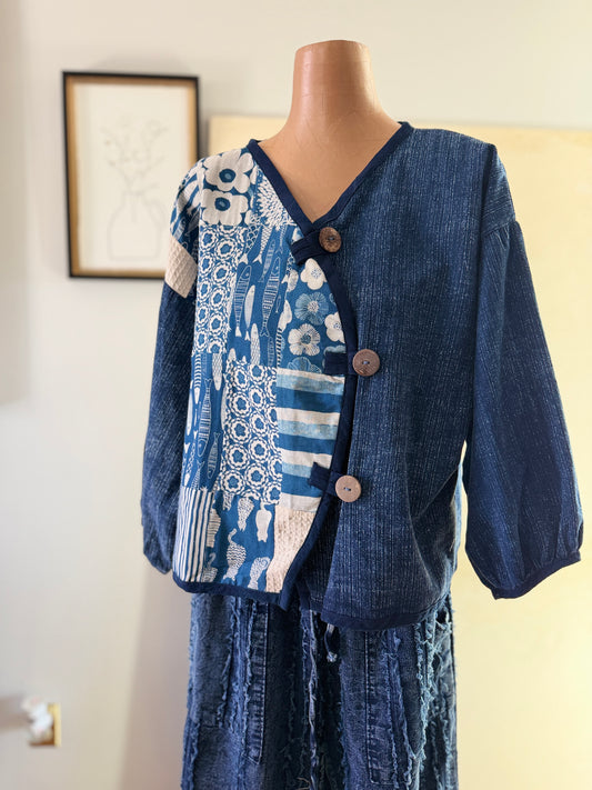 Indigo Patchwork Wrap Jacket – Handmade Cotton Kimono Top | BoHo Bronte (Made in Thailand)