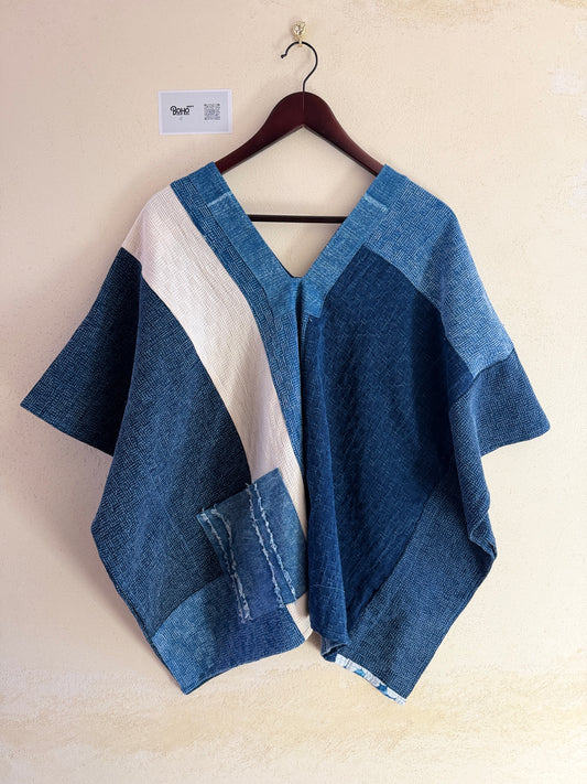 Indigo Patchwork Kimono Top, Handmade Cotton Blouse, Japanese Style Loose Fit Top, Boho Artisan Clothing, One of a Kind Top