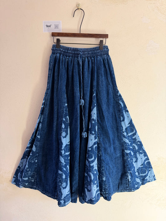 Indigo Cat Print Cotton Skirt – Elastic Waist Boho Midi Skirt