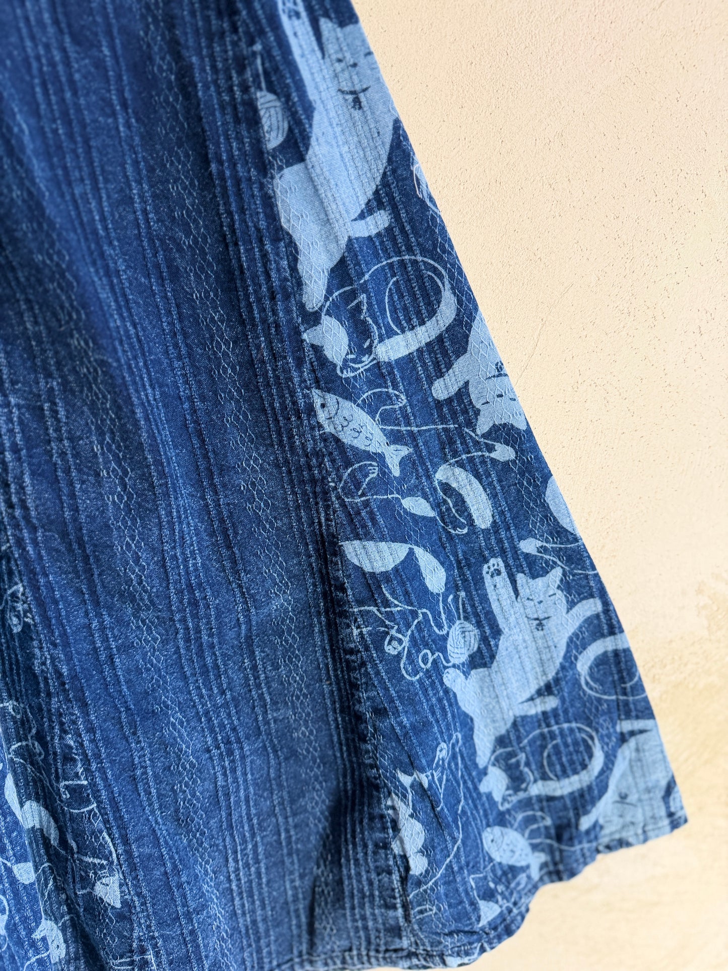 Indigo Cat Print Cotton Skirt – Elastic Waist Boho Midi Skirt