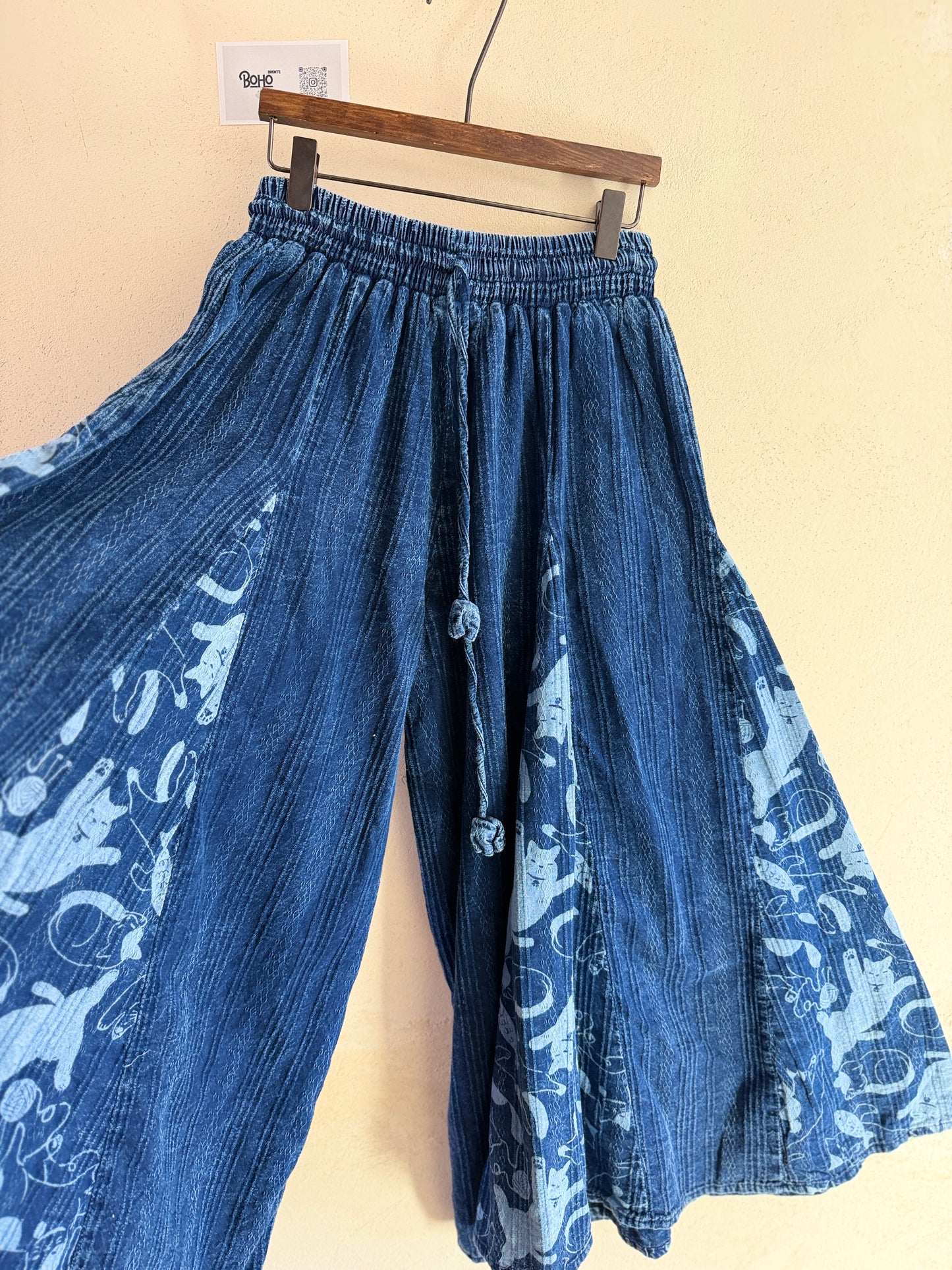 Indigo Cat Print Cotton Skirt – Elastic Waist Boho Midi Skirt