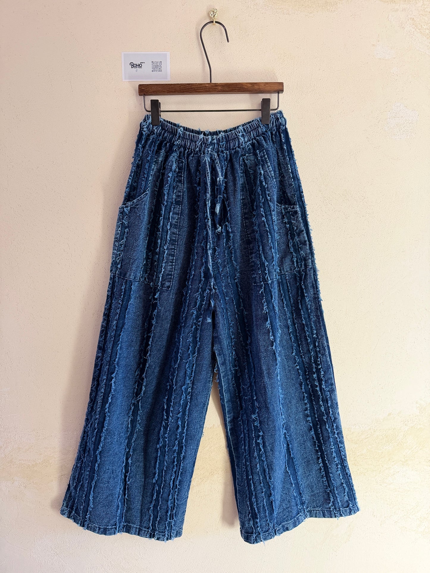 Indigo Textured Cotton Wide-Leg Pants – Boho Elastic Waist Artisan Trousers