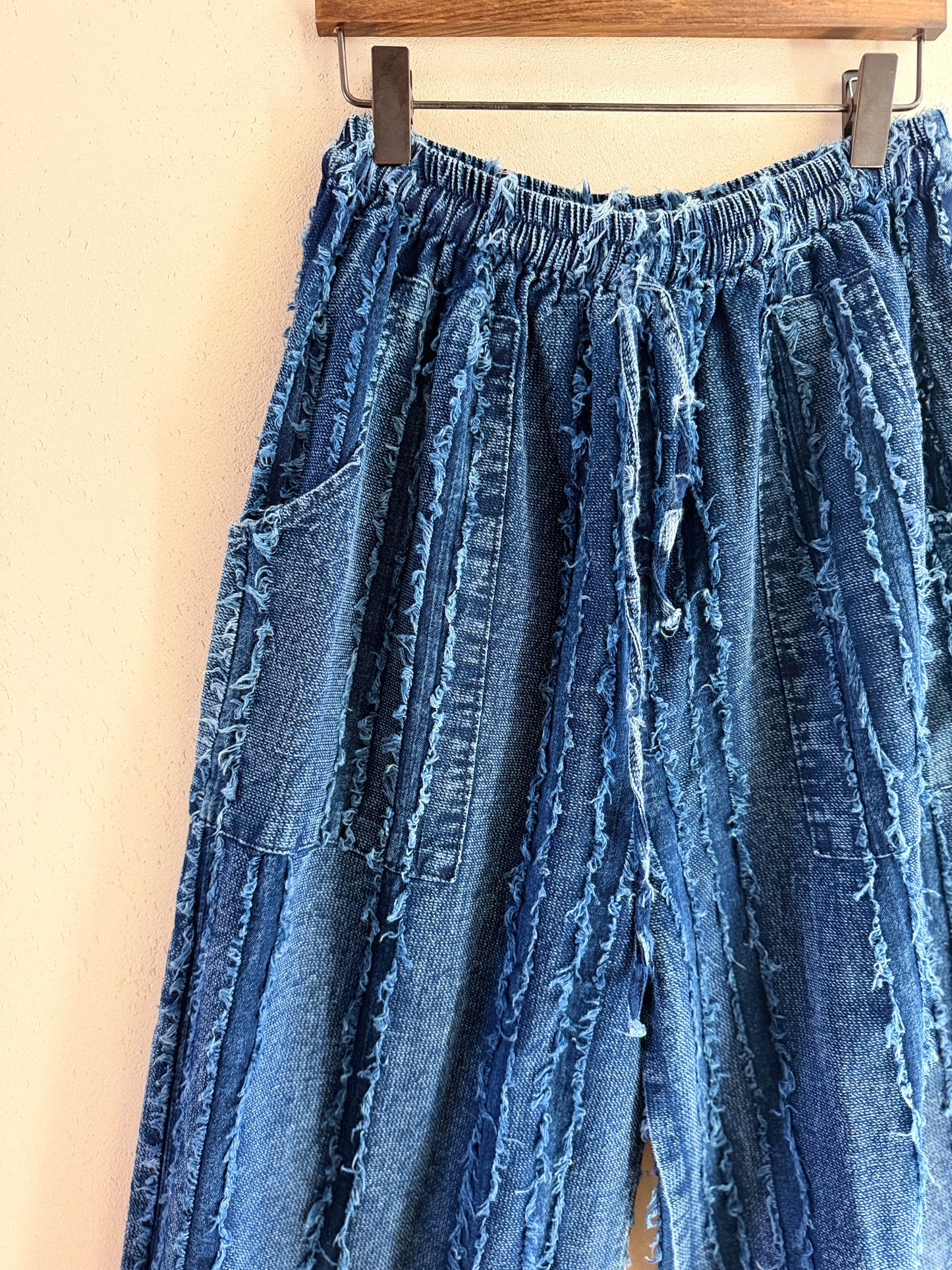 Indigo Textured Cotton Wide-Leg Pants – Boho Elastic Waist Artisan Trousers