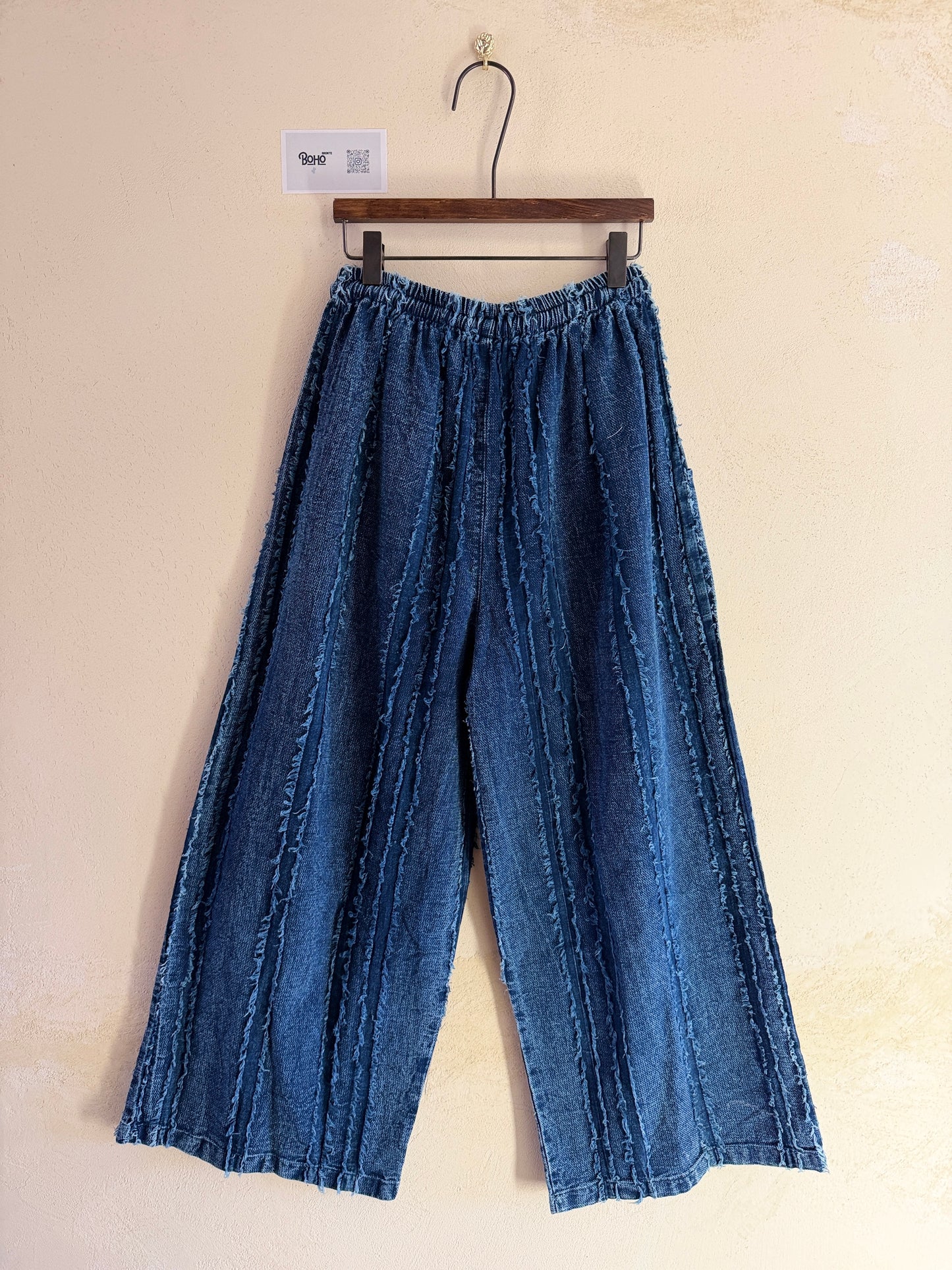 Indigo Textured Cotton Wide-Leg Pants – Boho Elastic Waist Artisan Trousers