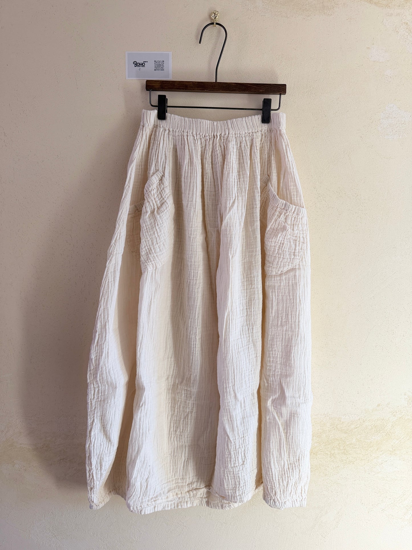 Soft Cotton Gauze Midi Skirt – Elastic Waist Boho Skirt with Pockets