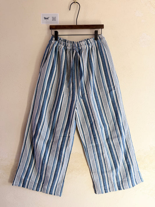 Striped Cotton Wide Leg Pants – Elastic Waist Lightweight Summer Trousers (Blue & White)