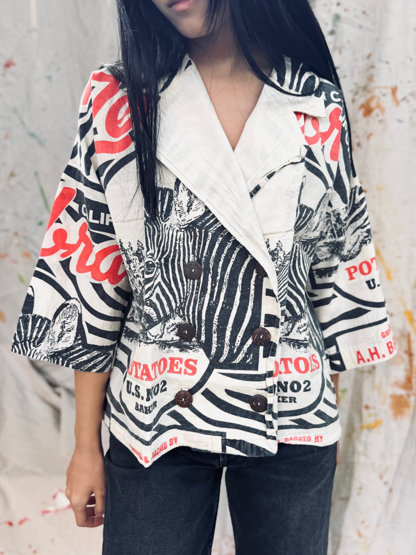 Thailand Vintage Sack Jacket – Zebra & Typography Print