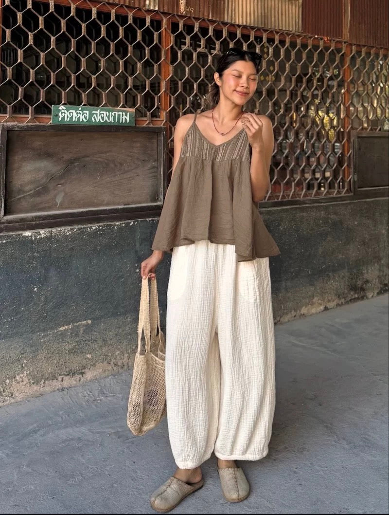 Cotton Gauze Balloon Pants – Elastic Waist Loose Fit Boho Trousers (Cream)