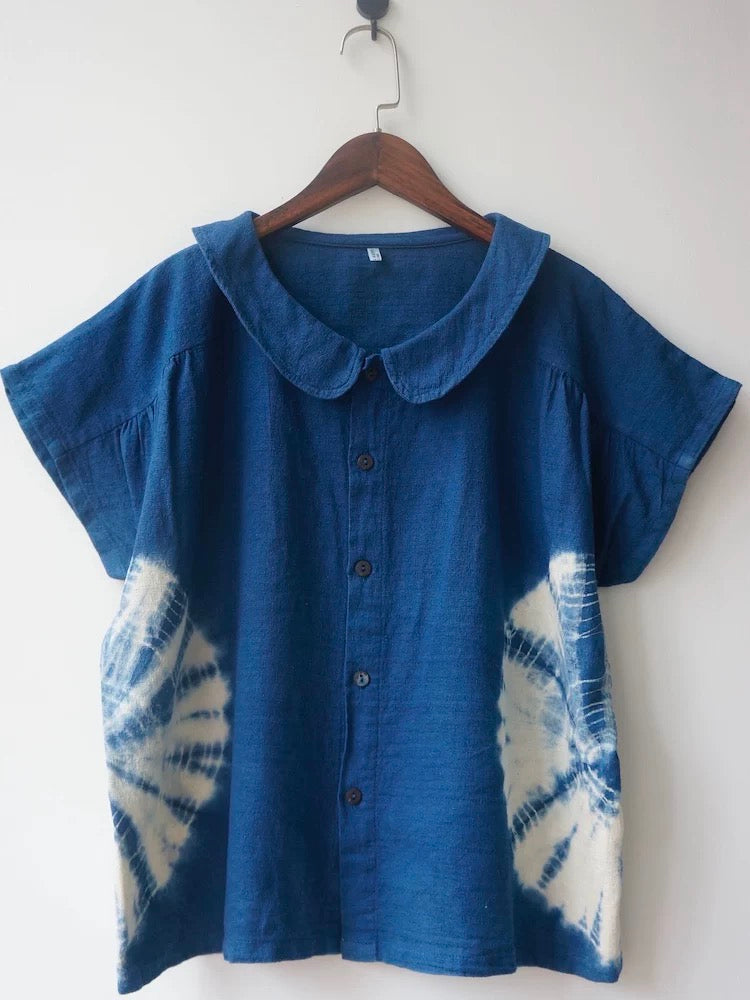 Thailand Handmade Indigo Gradient Cotton Button Top – Peter Pan Collar