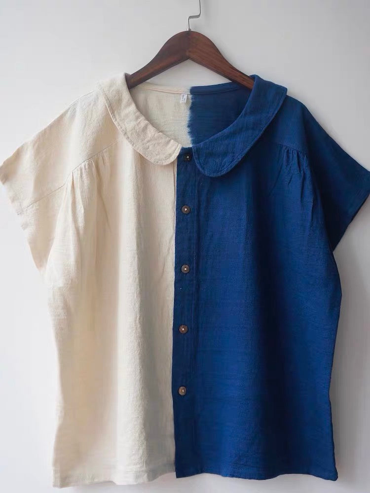 Thailand Handmade Indigo Gradient Cotton Button Top – Peter Pan Collar