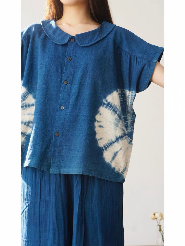 Thailand Handmade Indigo Gradient Cotton Button Top – Peter Pan Collar