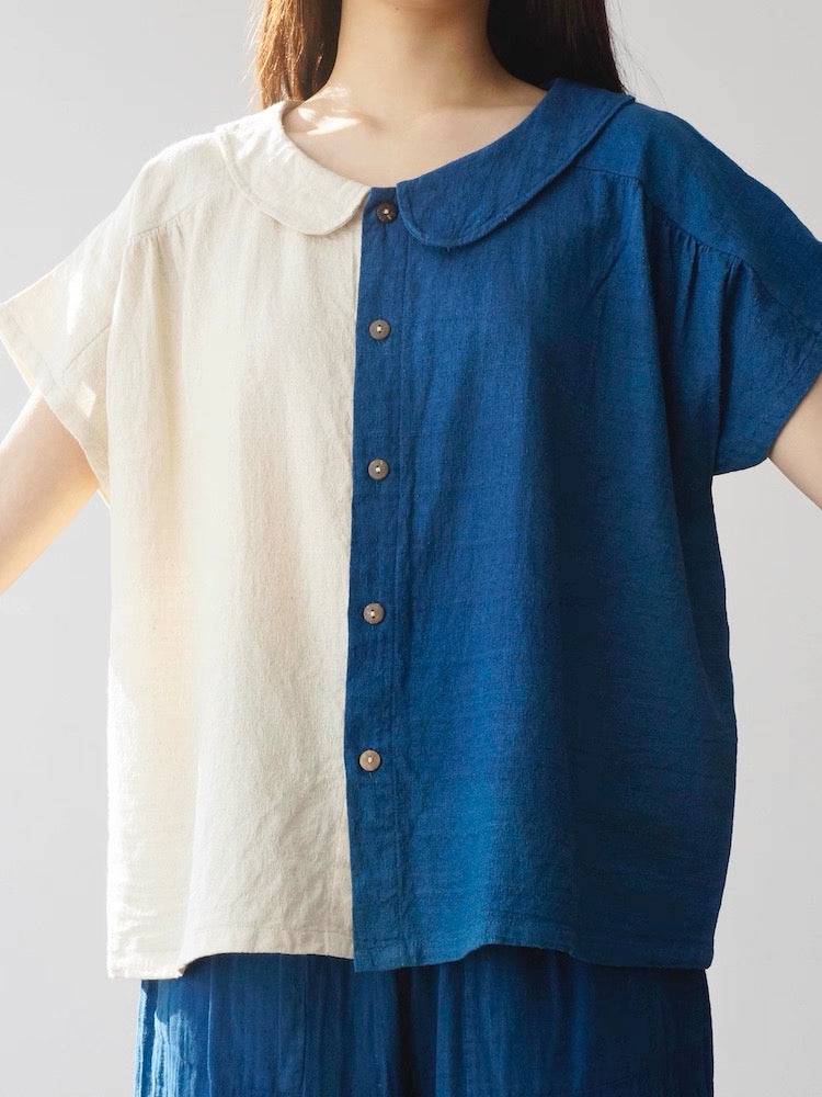 Thailand Handmade Indigo Gradient Cotton Button Top – Peter Pan Collar