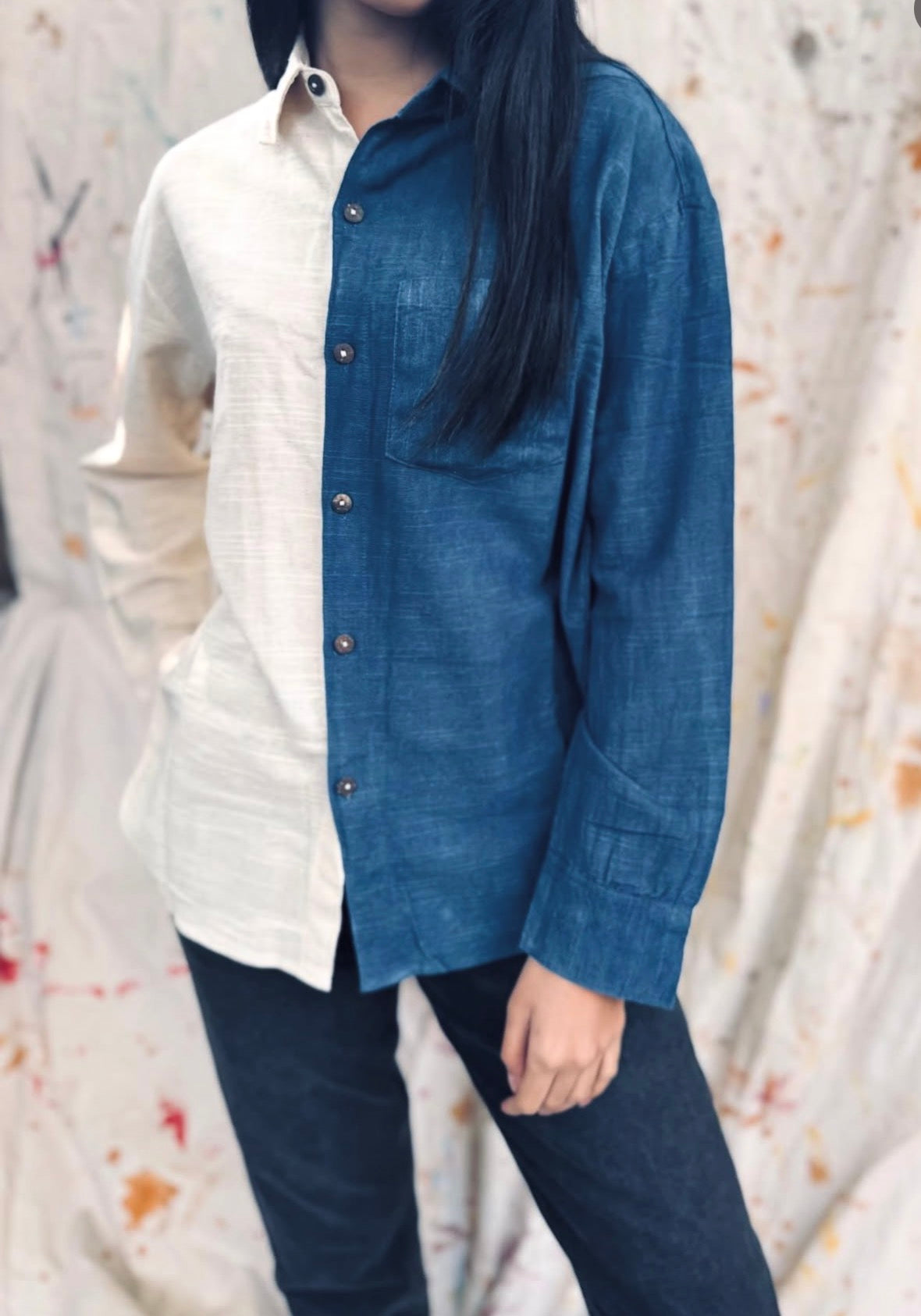 Indigo Thai Dyed Shirt – Two Tone Cotton Button Up | Oversized Boho Top