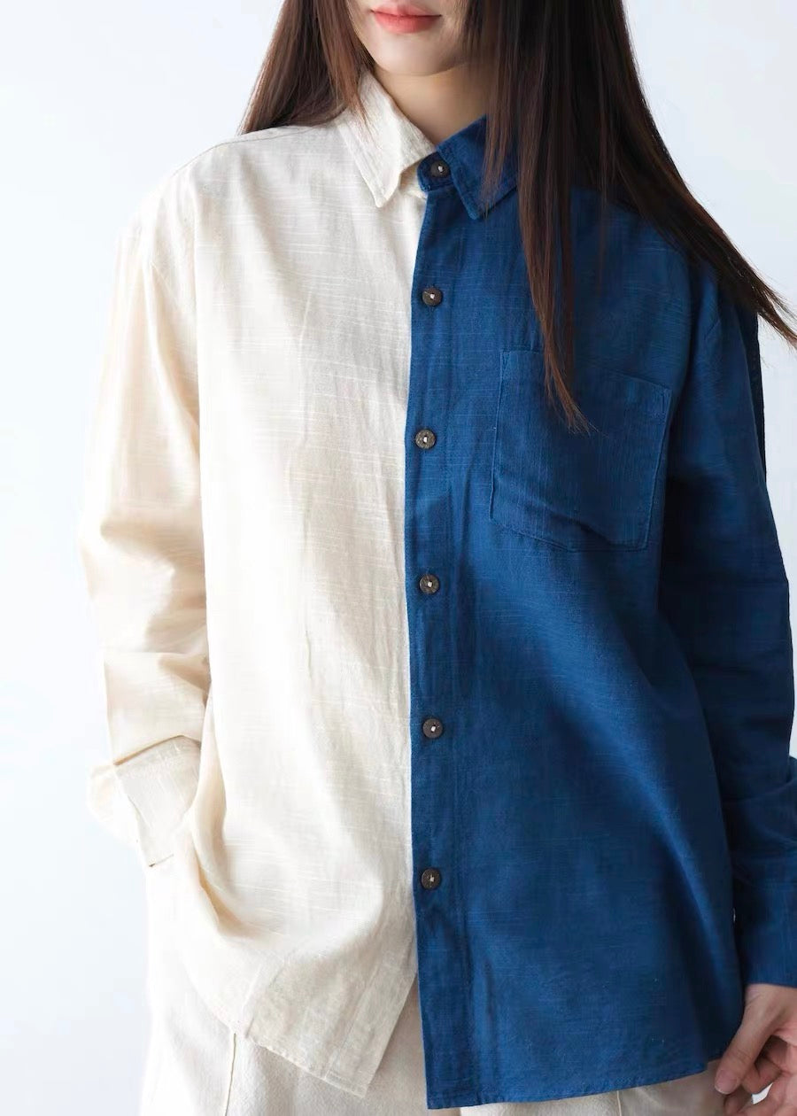 Indigo Thai Dyed Shirt – Two Tone Cotton Button Up | Oversized Boho Top