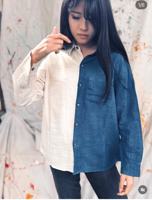 Indigo Thai Dyed Shirt – Two Tone Cotton Button Up | Oversized Boho Top