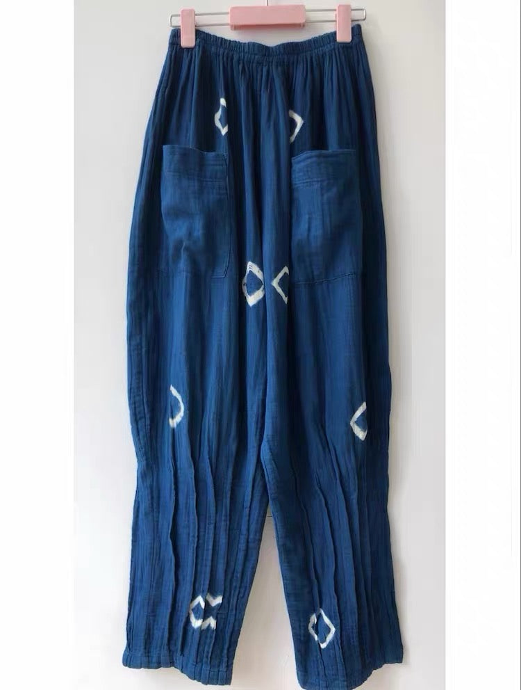 Indigo Thai Dyed Pants – Relaxed Cotton Wide Leg Pants | Elastic Waist Boho Pants