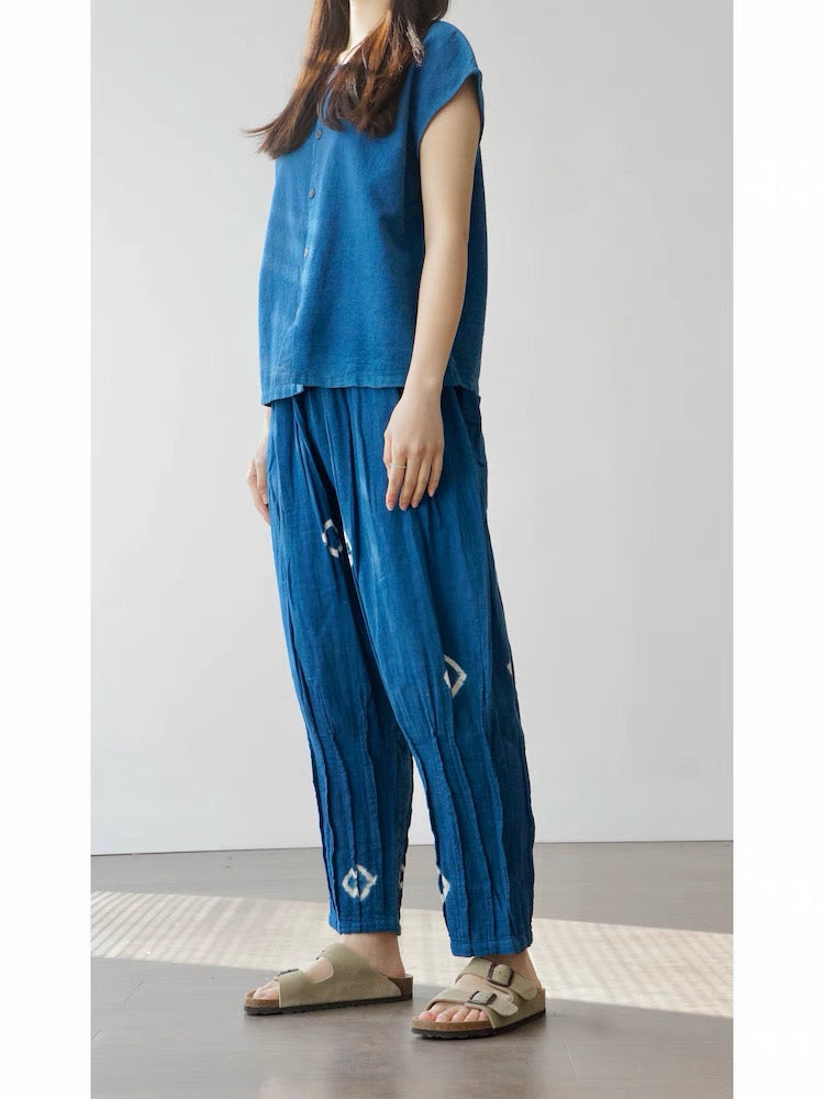 Indigo Thai Dyed Pants – Relaxed Cotton Wide Leg Pants | Elastic Waist Boho Pants