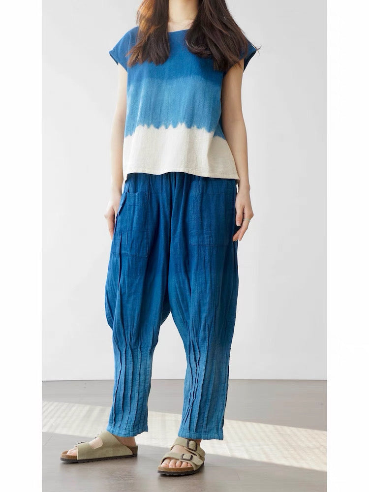 Indigo Thai Dyed Pants – Relaxed Cotton Wide Leg Pants | Elastic Waist Boho Pants