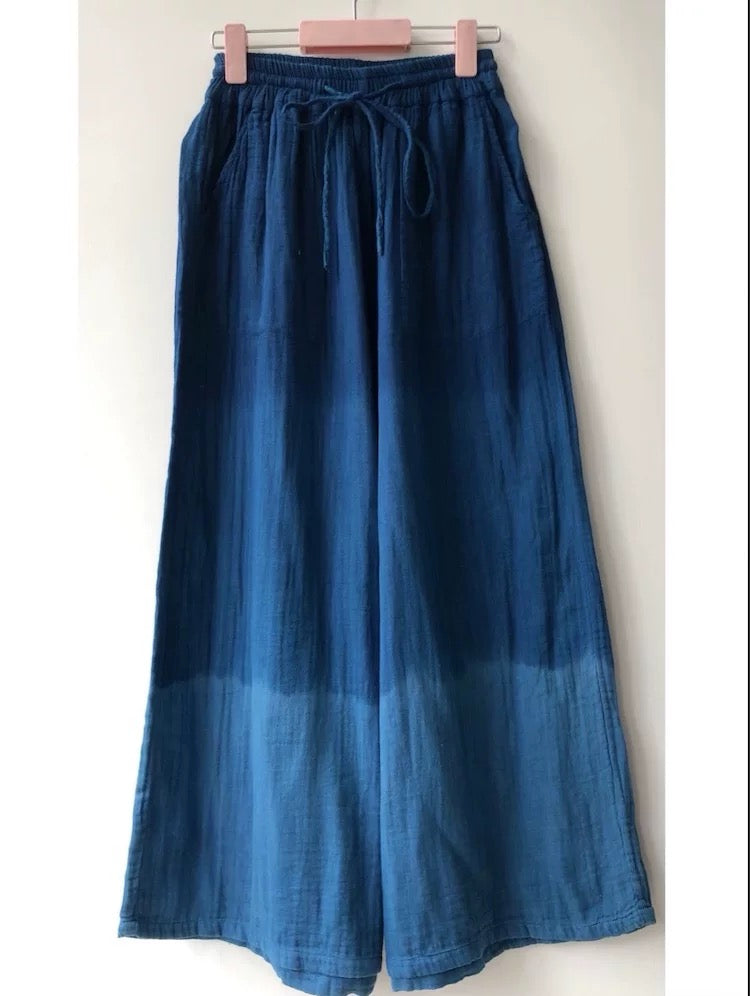 Indigo Thai Dyed Wide Leg Pants – Soft Cotton Elastic Waist | Relaxed Boho Pants