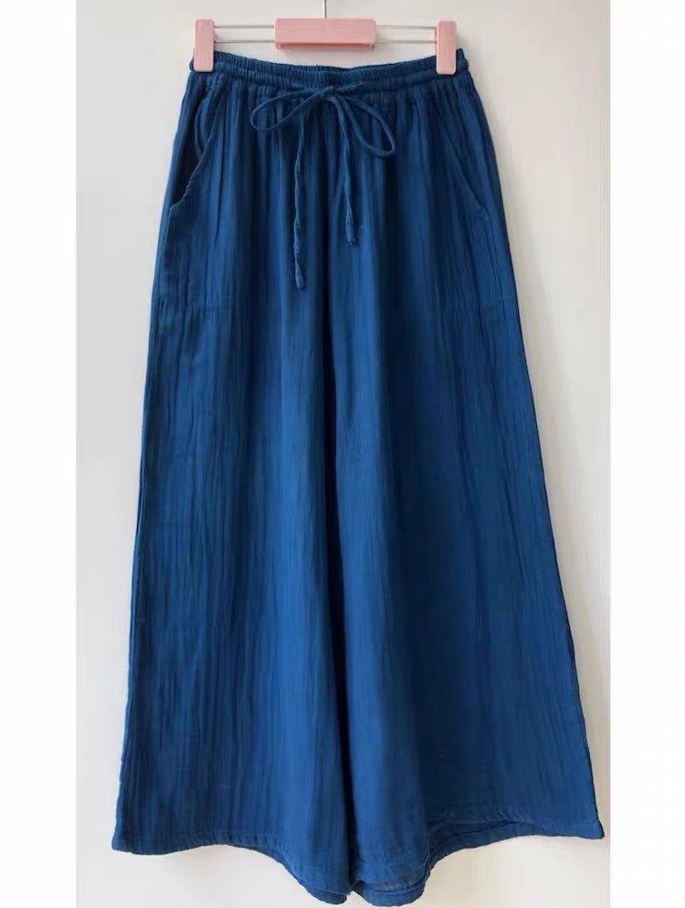 Indigo Thai Dyed Wide Leg Pants – Soft Cotton Elastic Waist | Relaxed Boho Pants