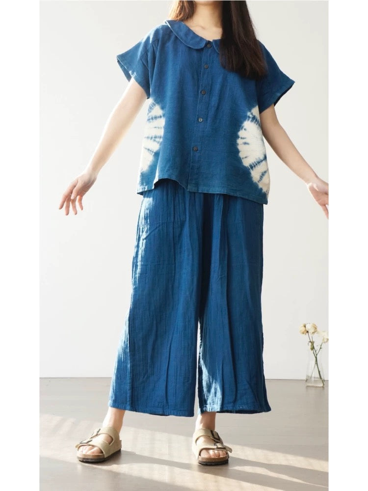Indigo Thai Dyed Wide Leg Pants – Soft Cotton Elastic Waist | Relaxed Boho Pants