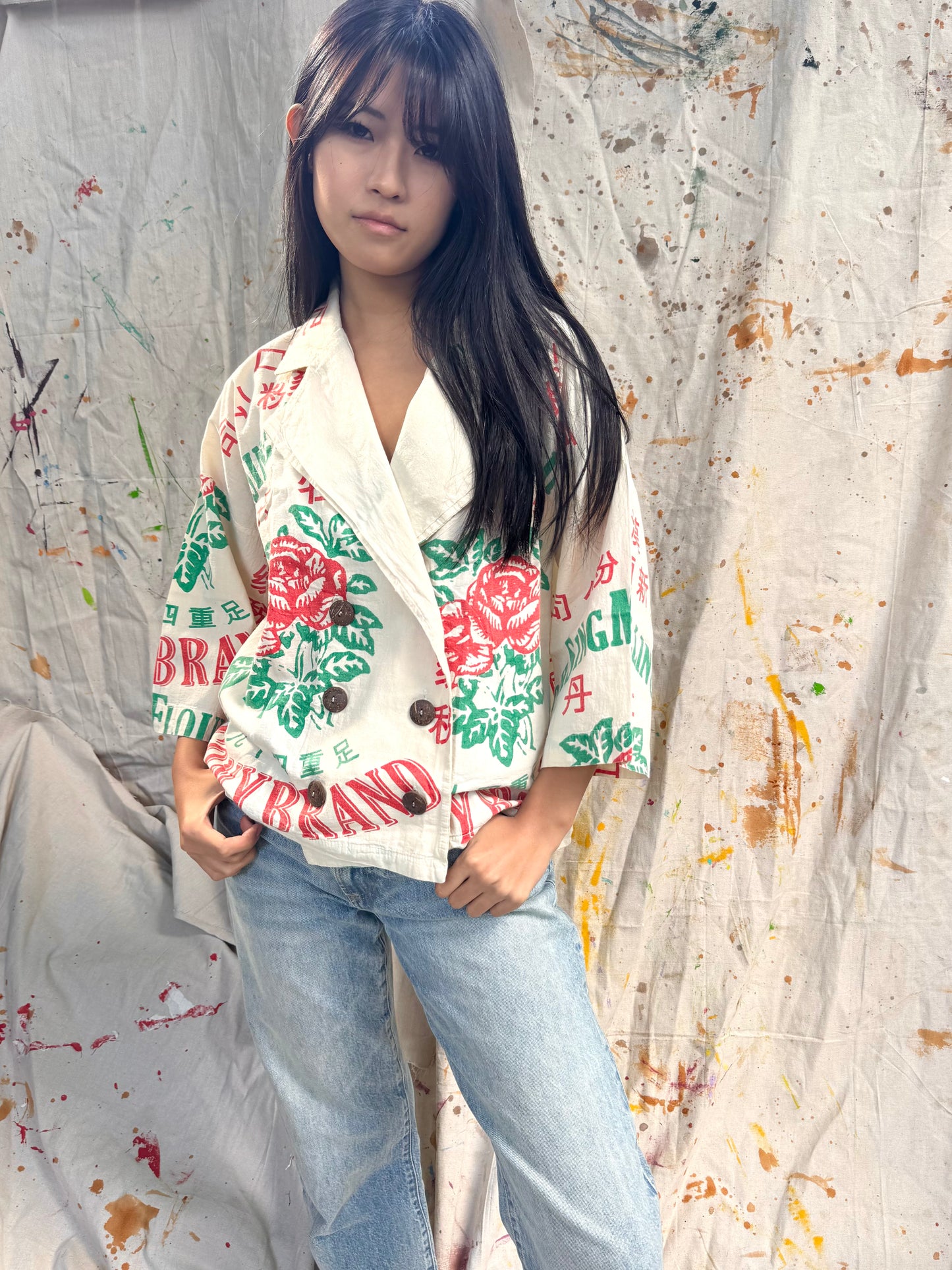Thailand Vintage Sack Jacket – Red Rose Flour Print