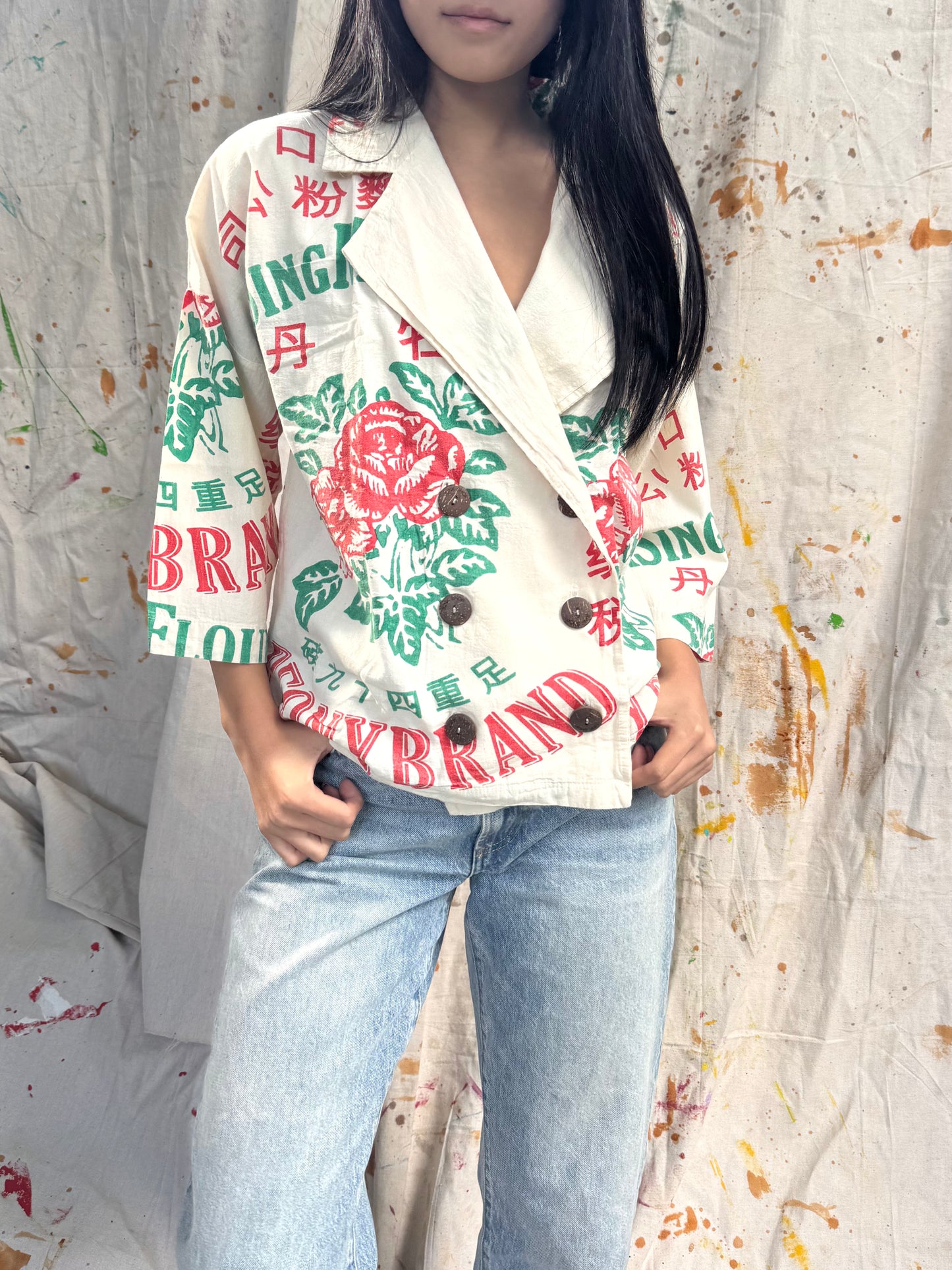 Thailand Vintage Sack Jacket – Red Rose Flour Print