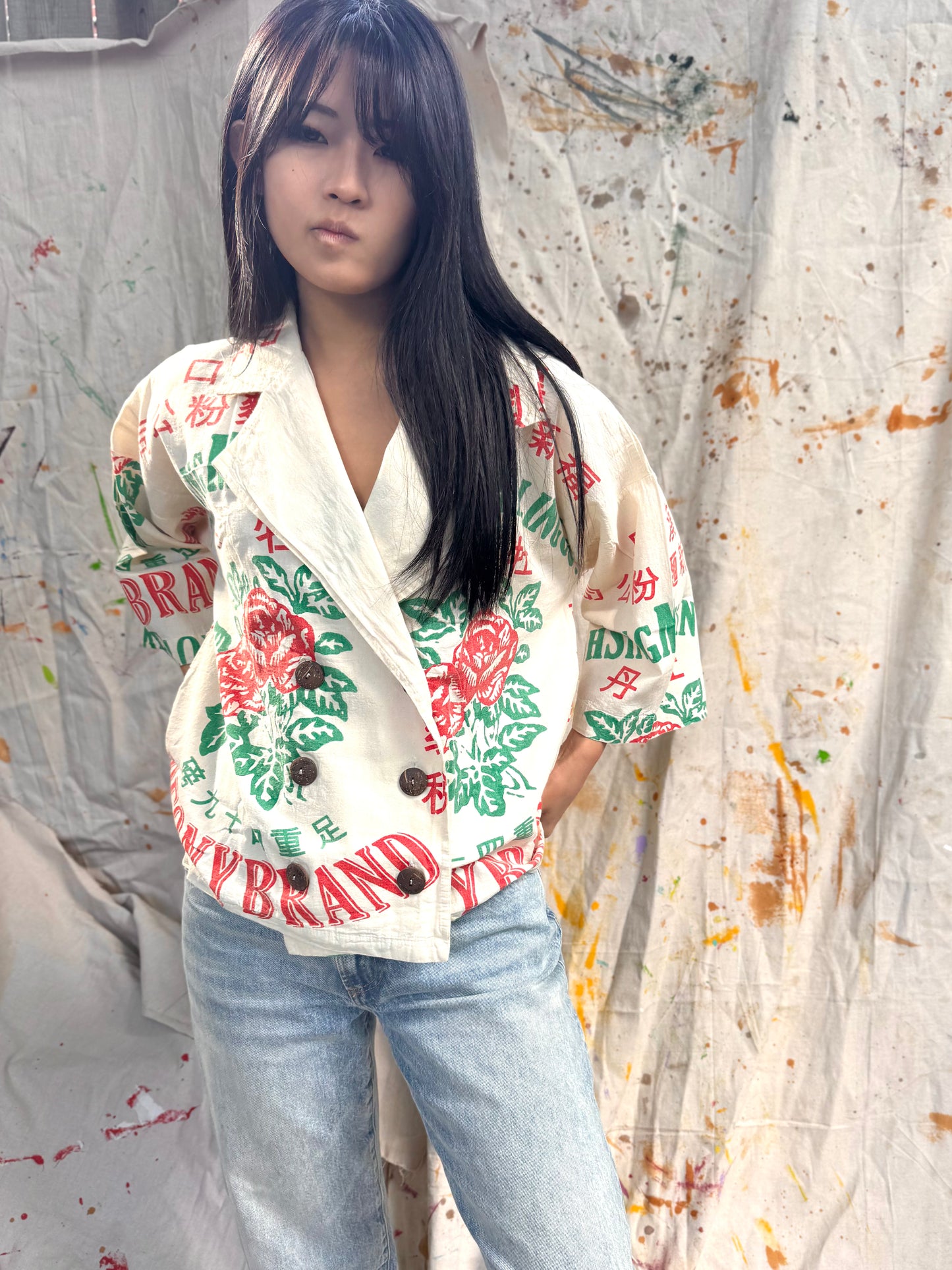 Thailand Vintage Sack Jacket – Red Rose Flour Print