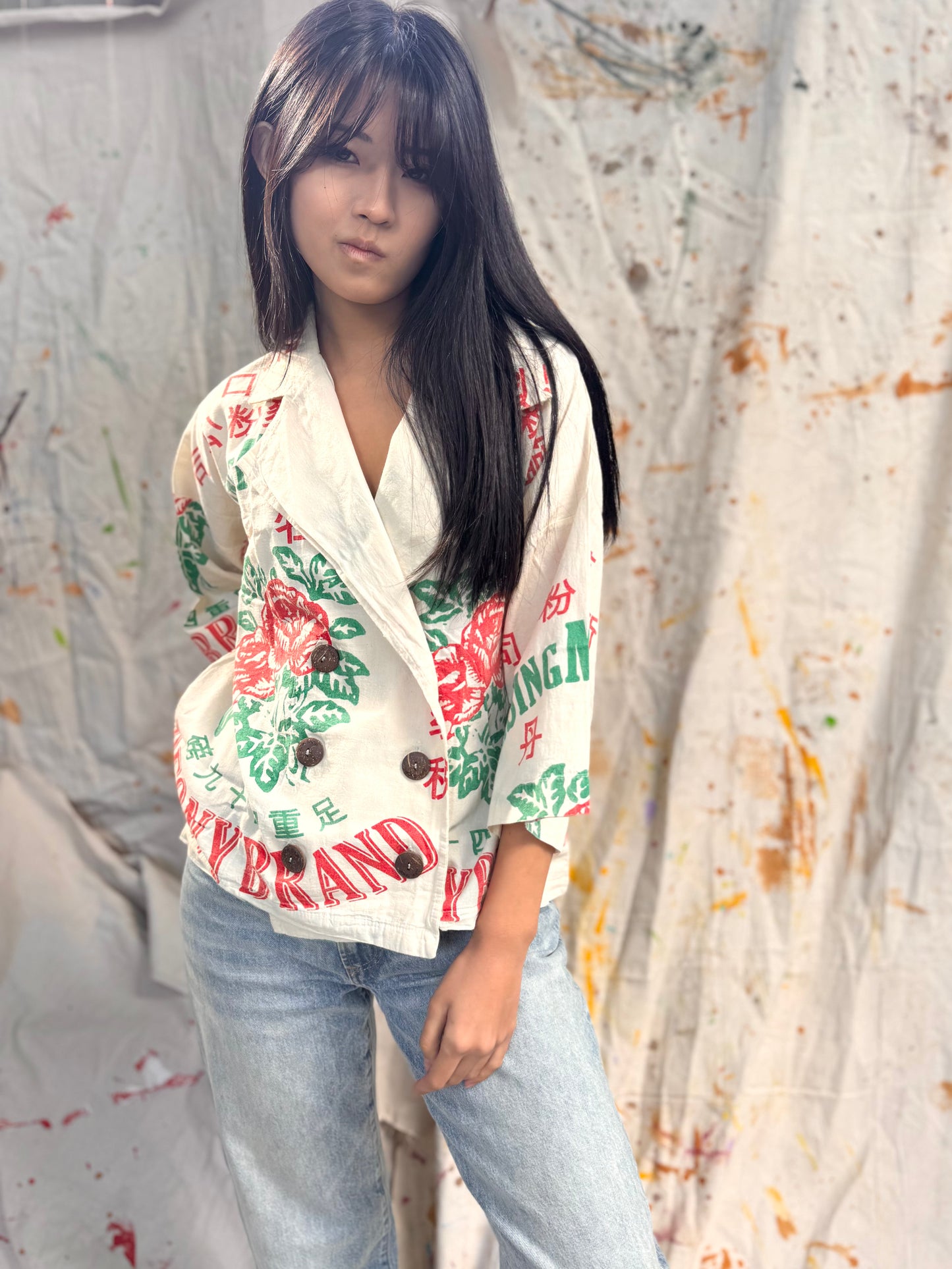 Thailand Vintage Sack Jacket – Red Rose Flour Print