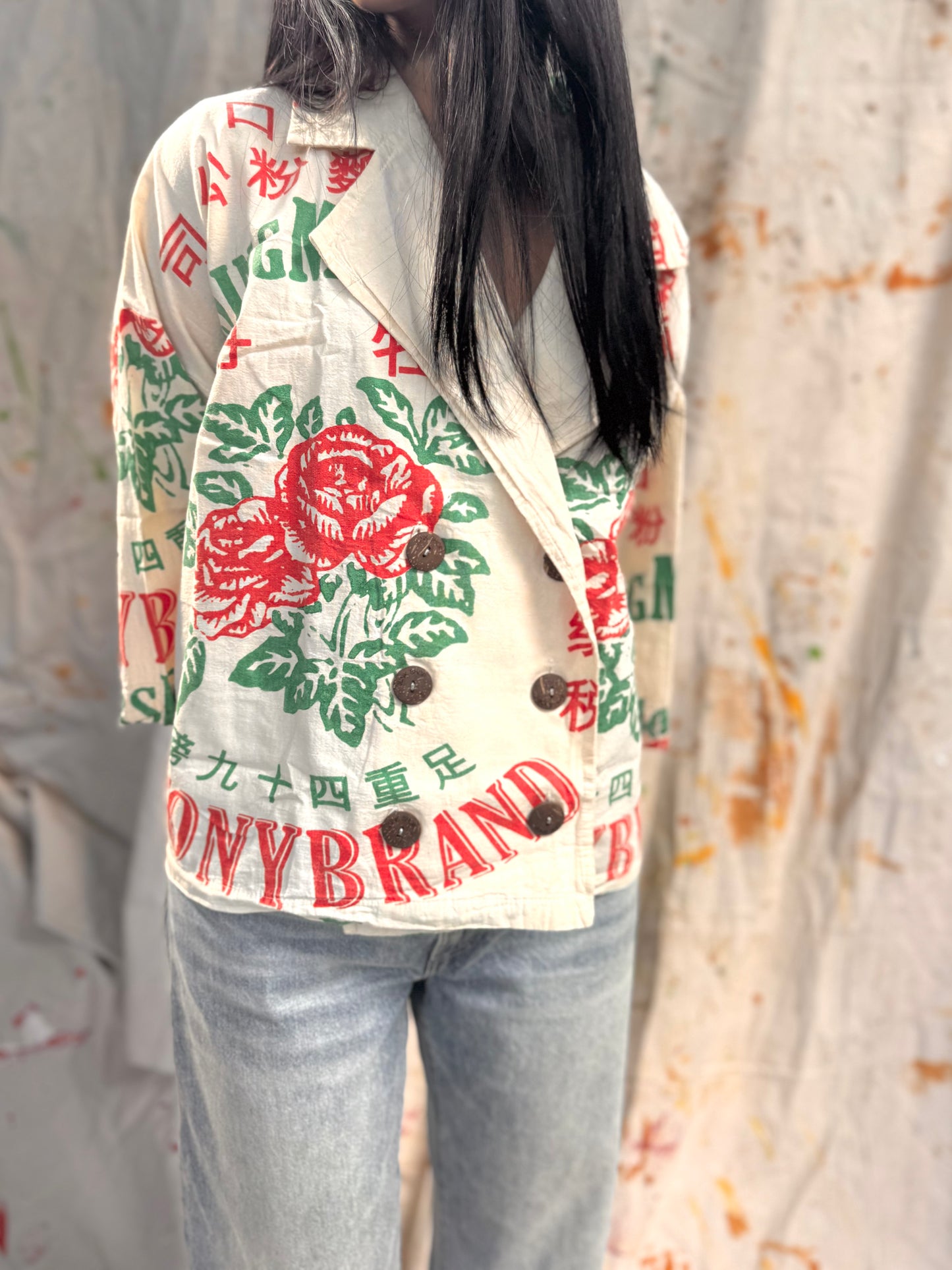 Thailand Vintage Sack Jacket – Red Rose Flour Print