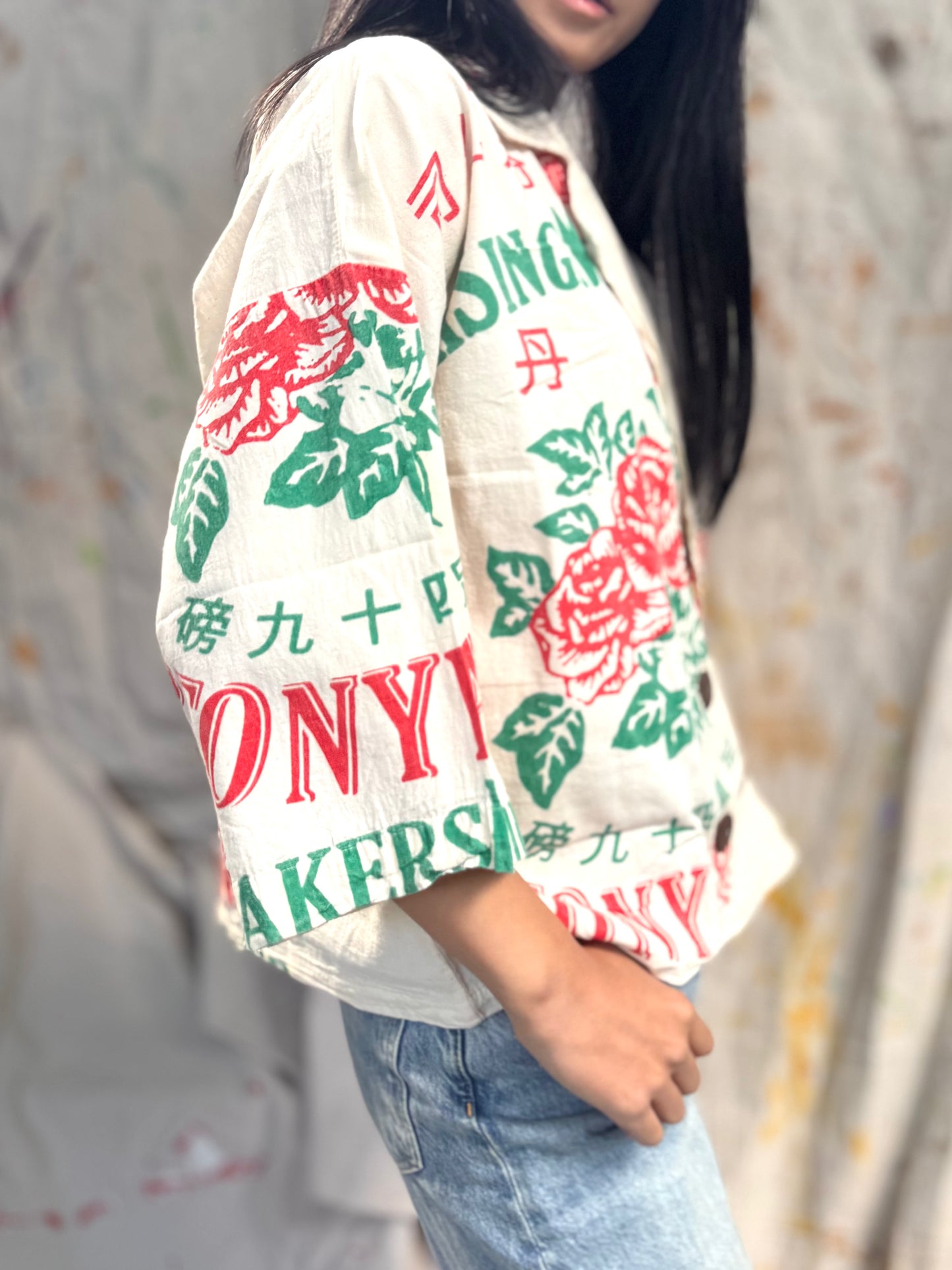 Thailand Vintage Sack Jacket – Red Rose Flour Print