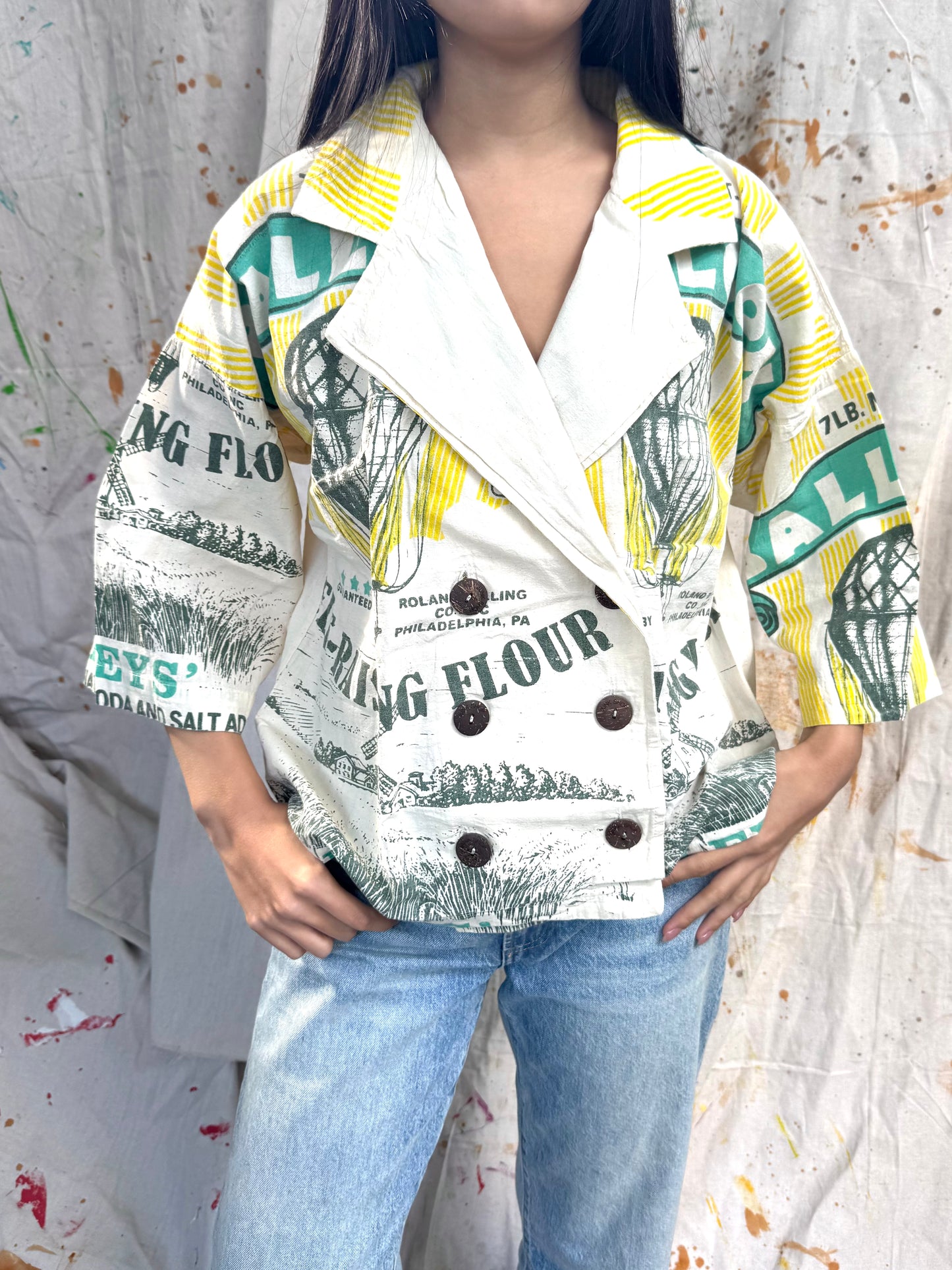 Thailand Vintage Sack Jacket – Yellow & Green Flour Print