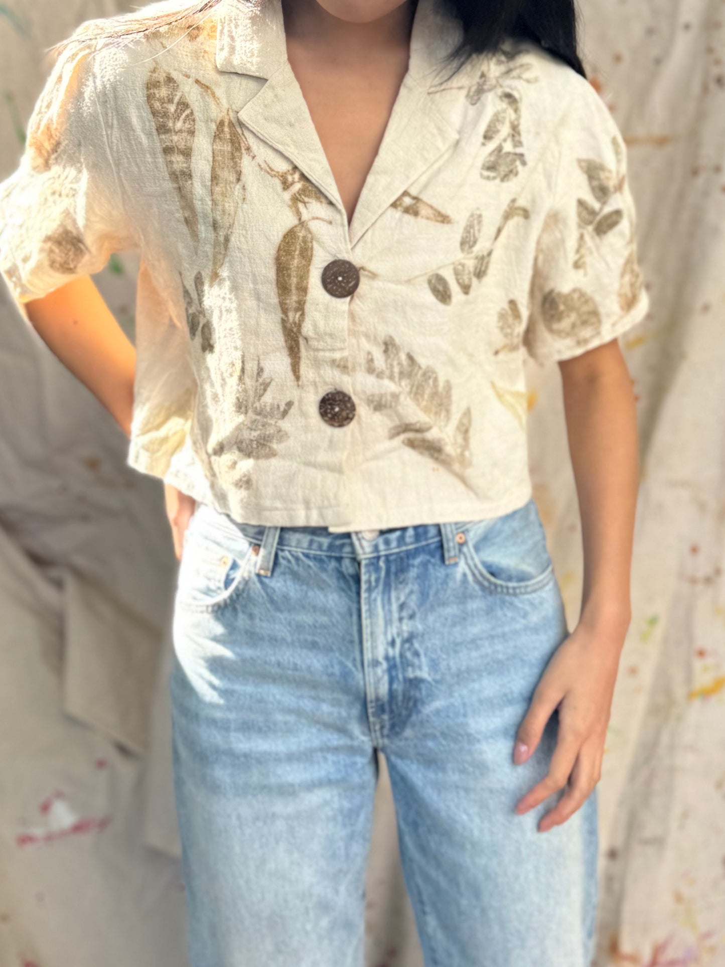 Leaf Dyed Cotton Cropped Shirt | Botanical Print | Handmade in Thailand