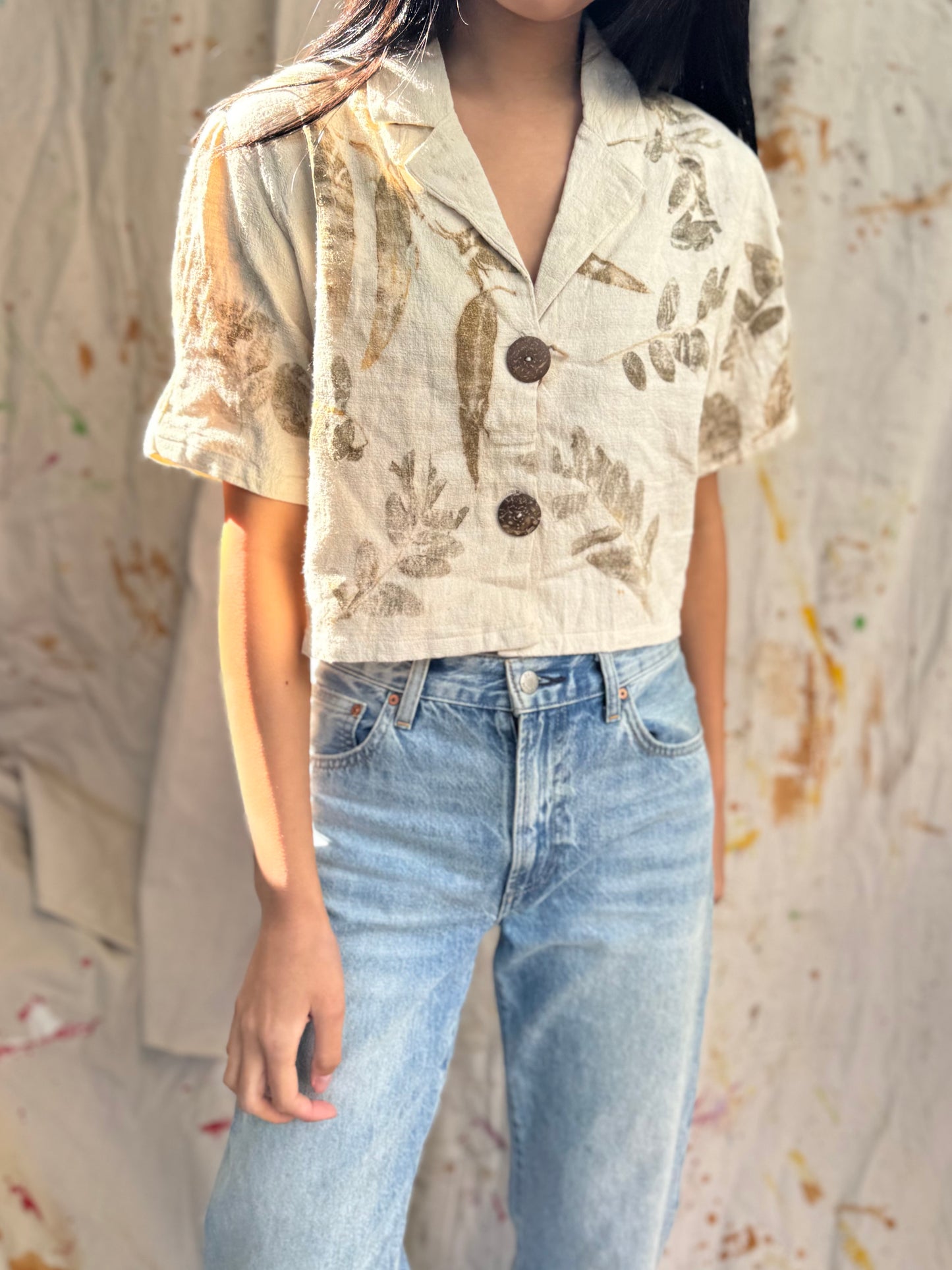 Leaf Dyed Cotton Cropped Shirt | Botanical Print | Handmade in Thailand