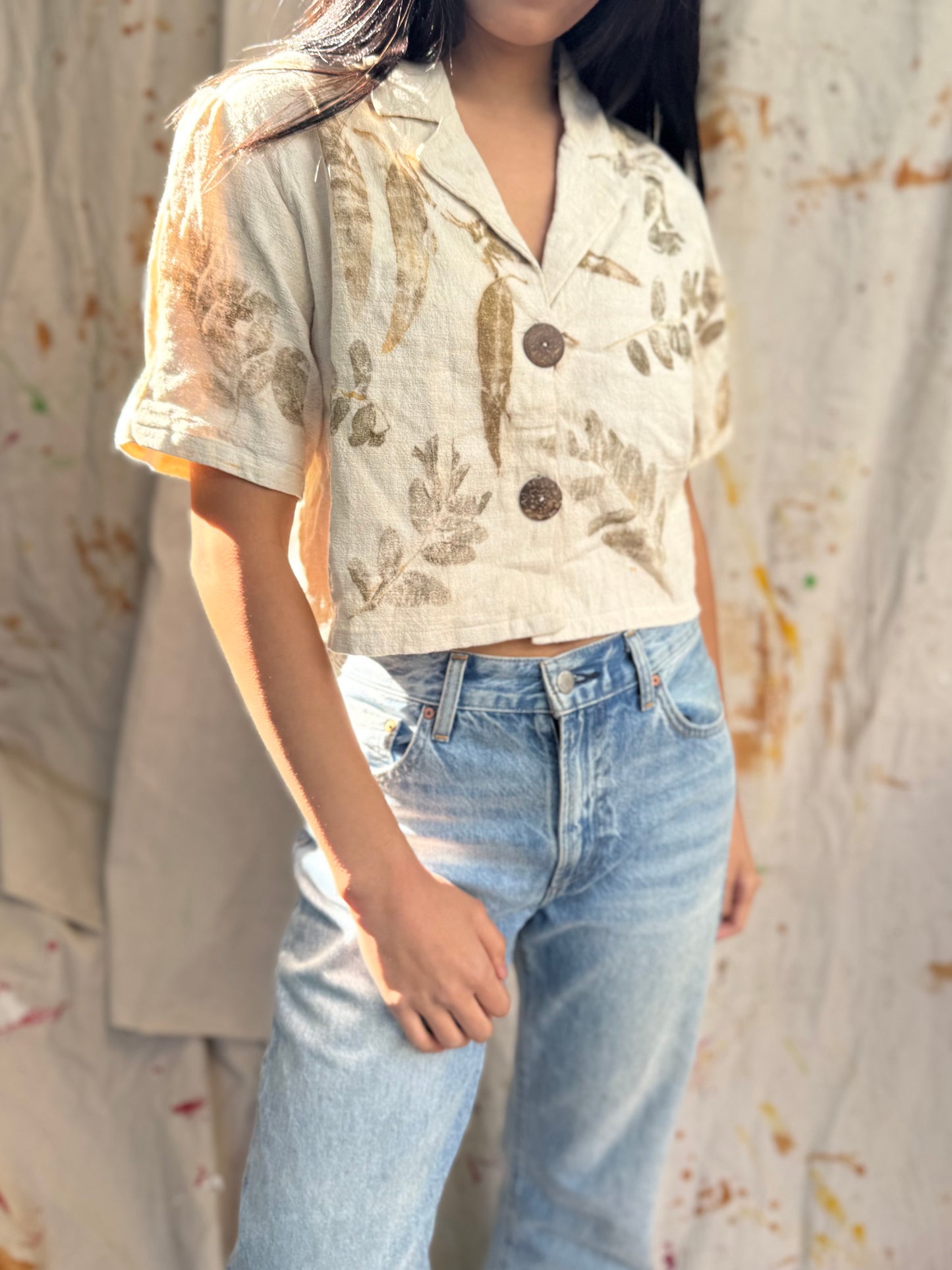 Leaf Dyed Cotton Cropped Shirt | Botanical Print | Handmade in Thailand