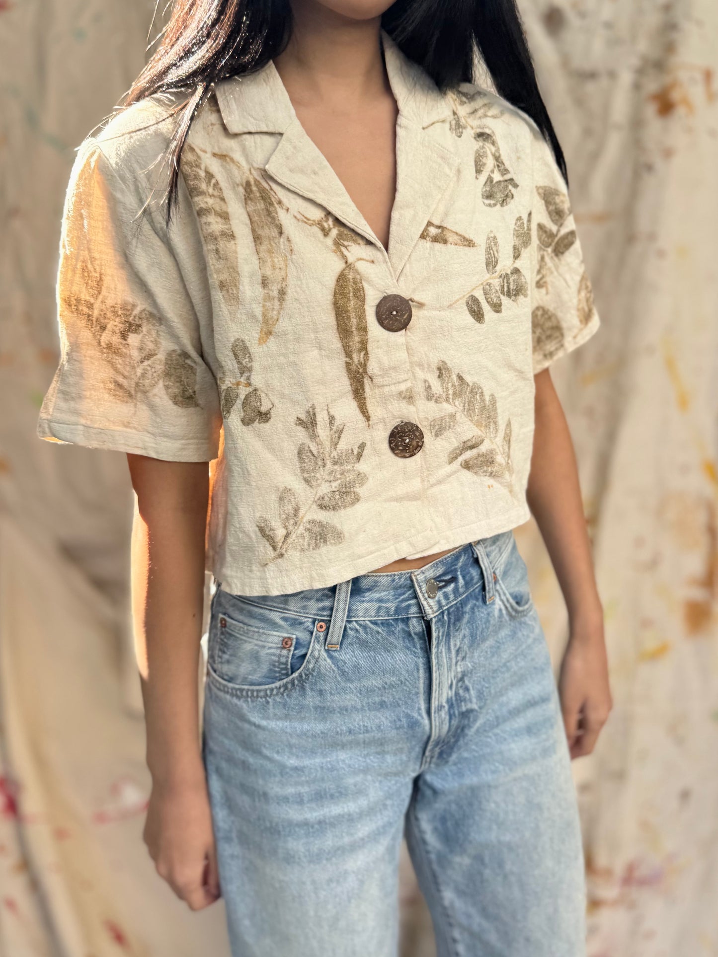 Leaf Dyed Cotton Cropped Shirt | Botanical Print | Handmade in Thailand